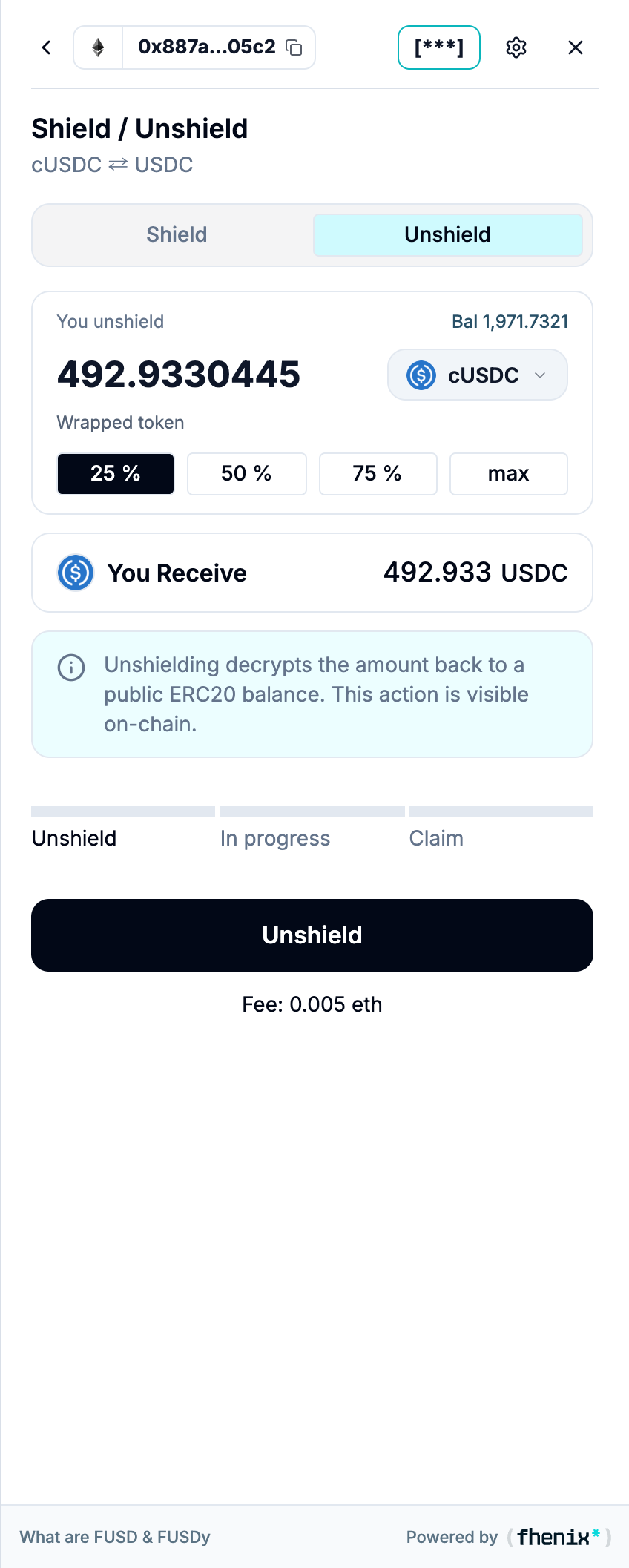 Unshield form with an amount, a public You Receive summary, and a three-stage tracker showing Unshield, In progress, and Claim