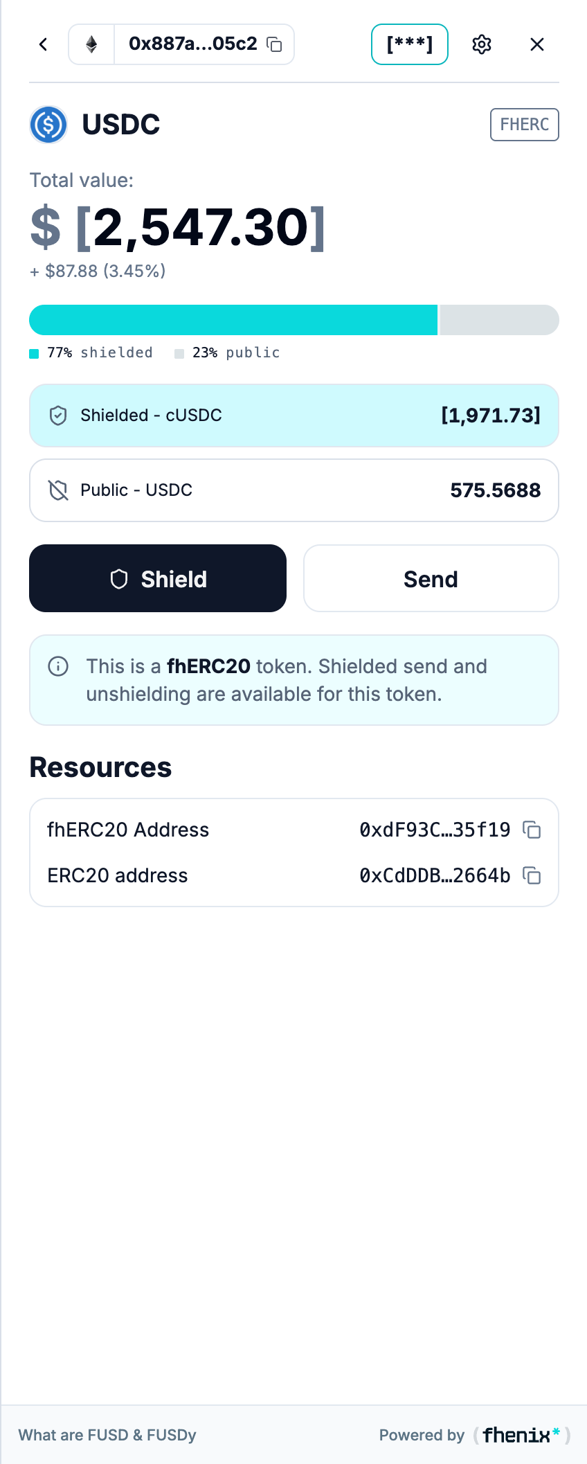 Details screen for an FHERC20 token with separate shielded and public rows, a balance bar, and contract addresses