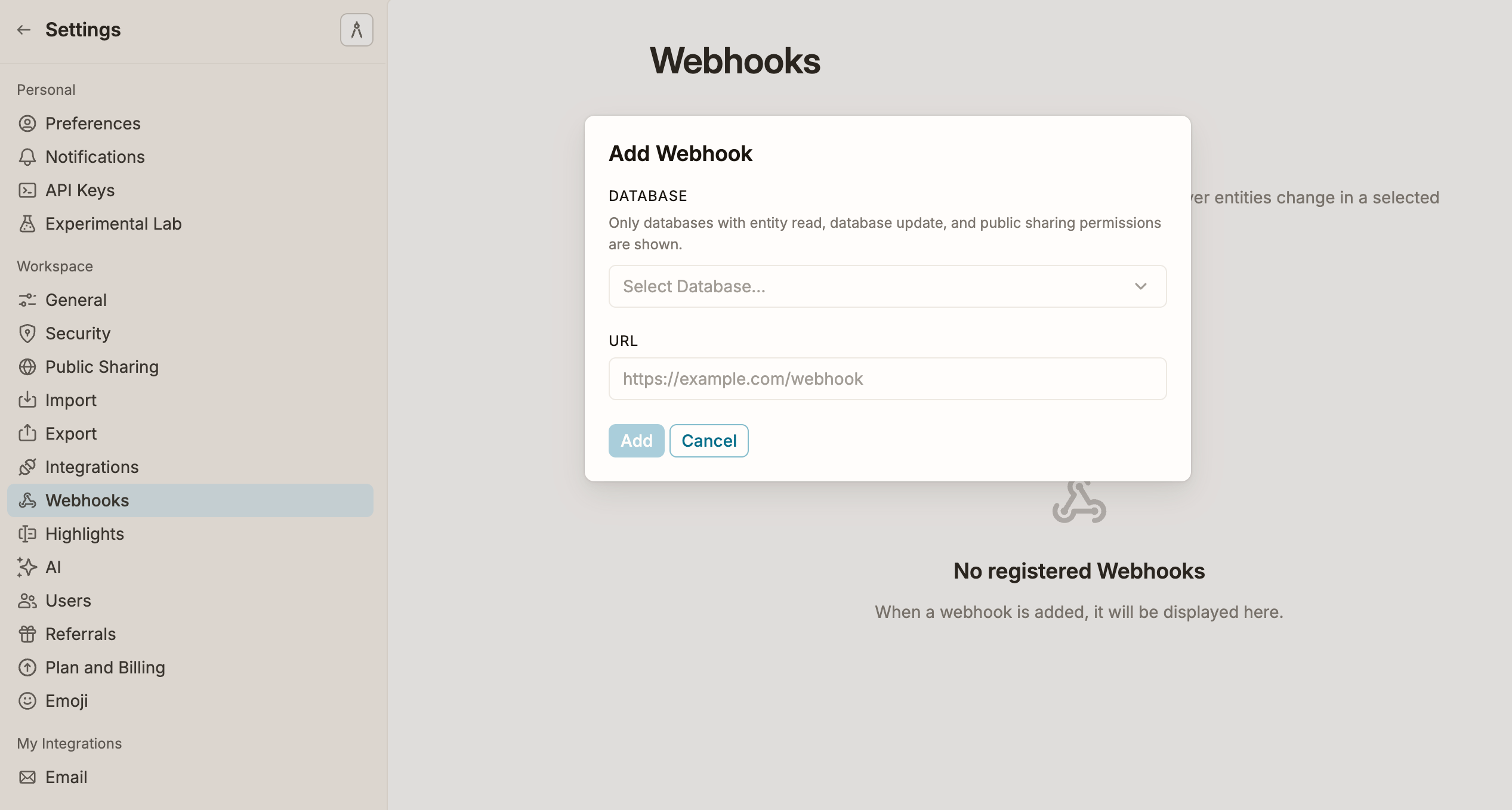 Webhooks settings page