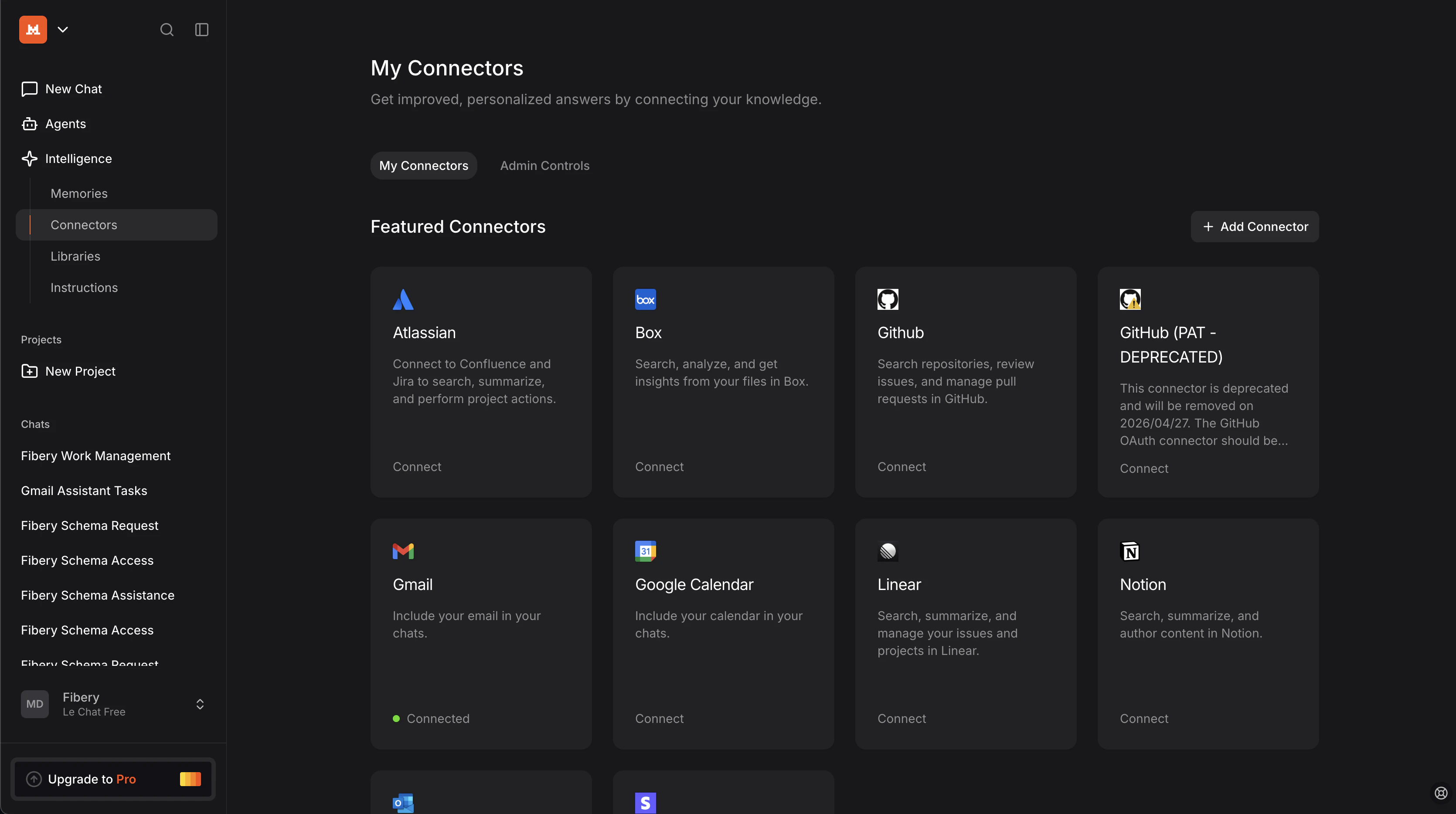 Le Chat Intelligence Connectors menu