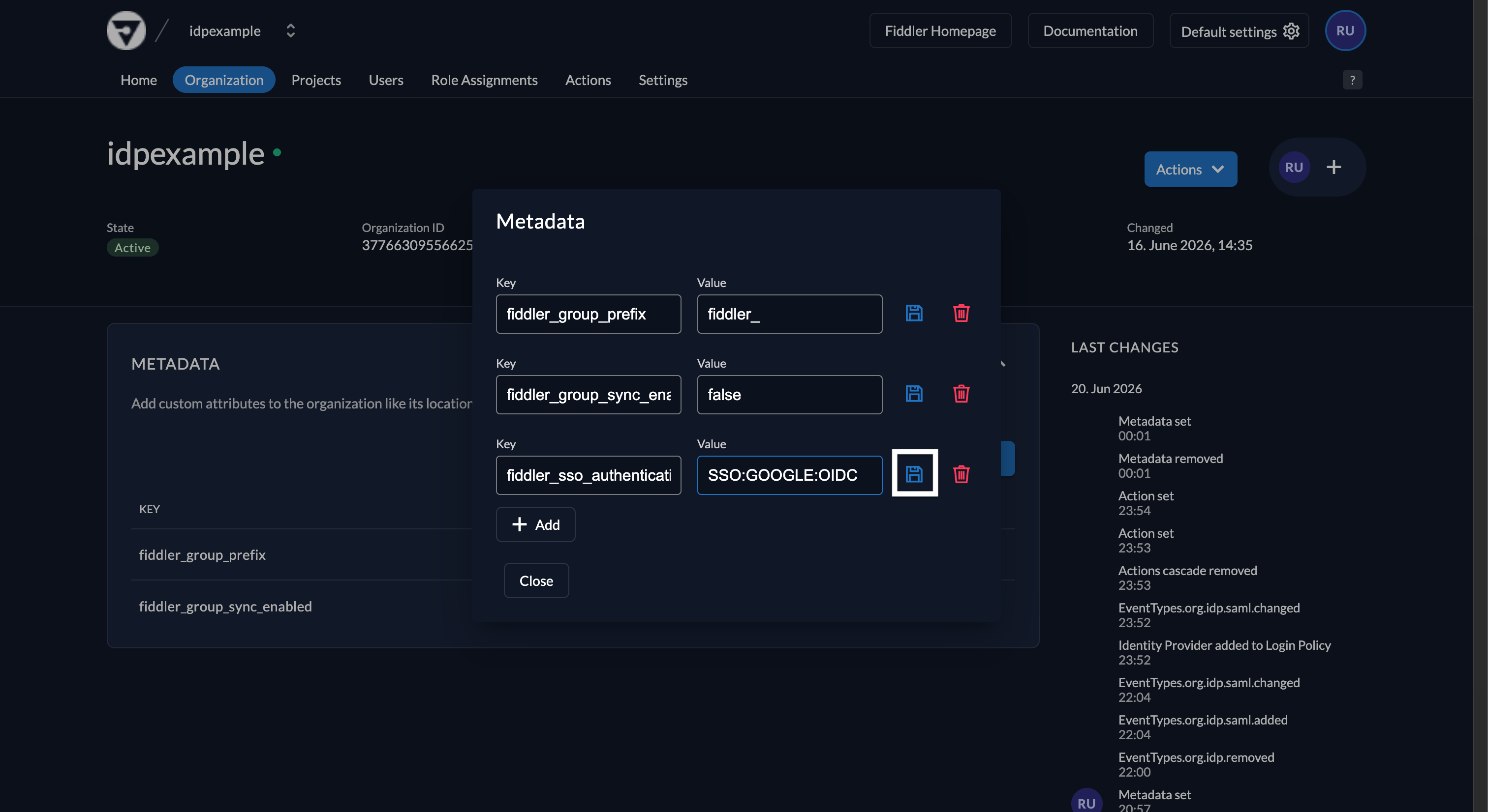 Fiddler AuthN console organization metadata with Google OIDC authentication type