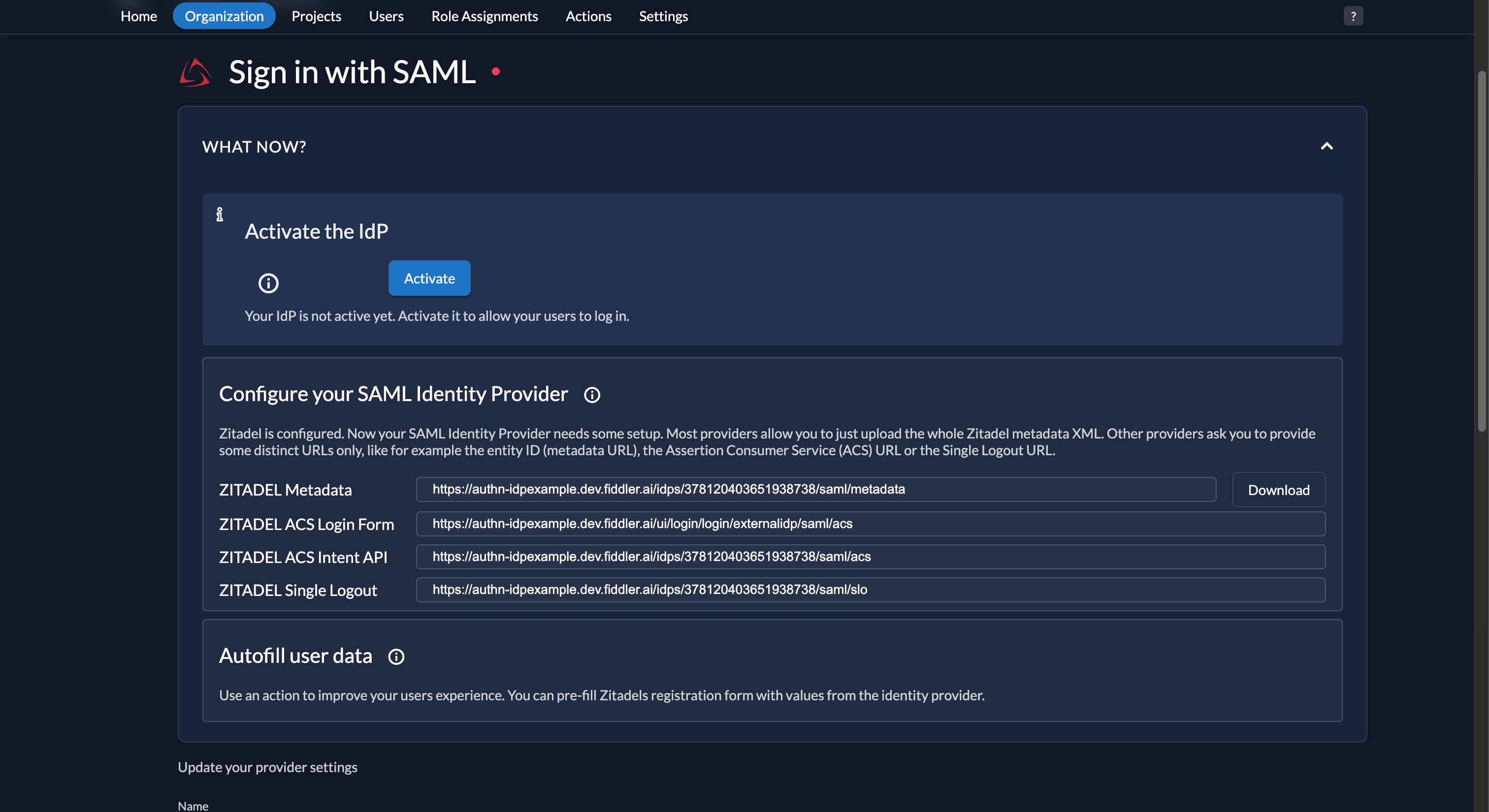 Fiddler AuthN console SAML IdP URLs required for Okta configuration