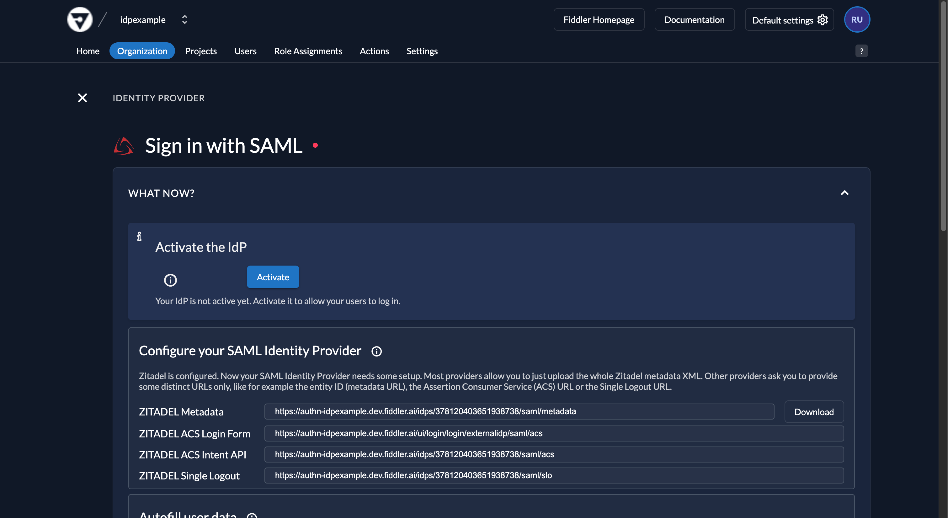 Fiddler AuthN console activate new Okta SAML IdP