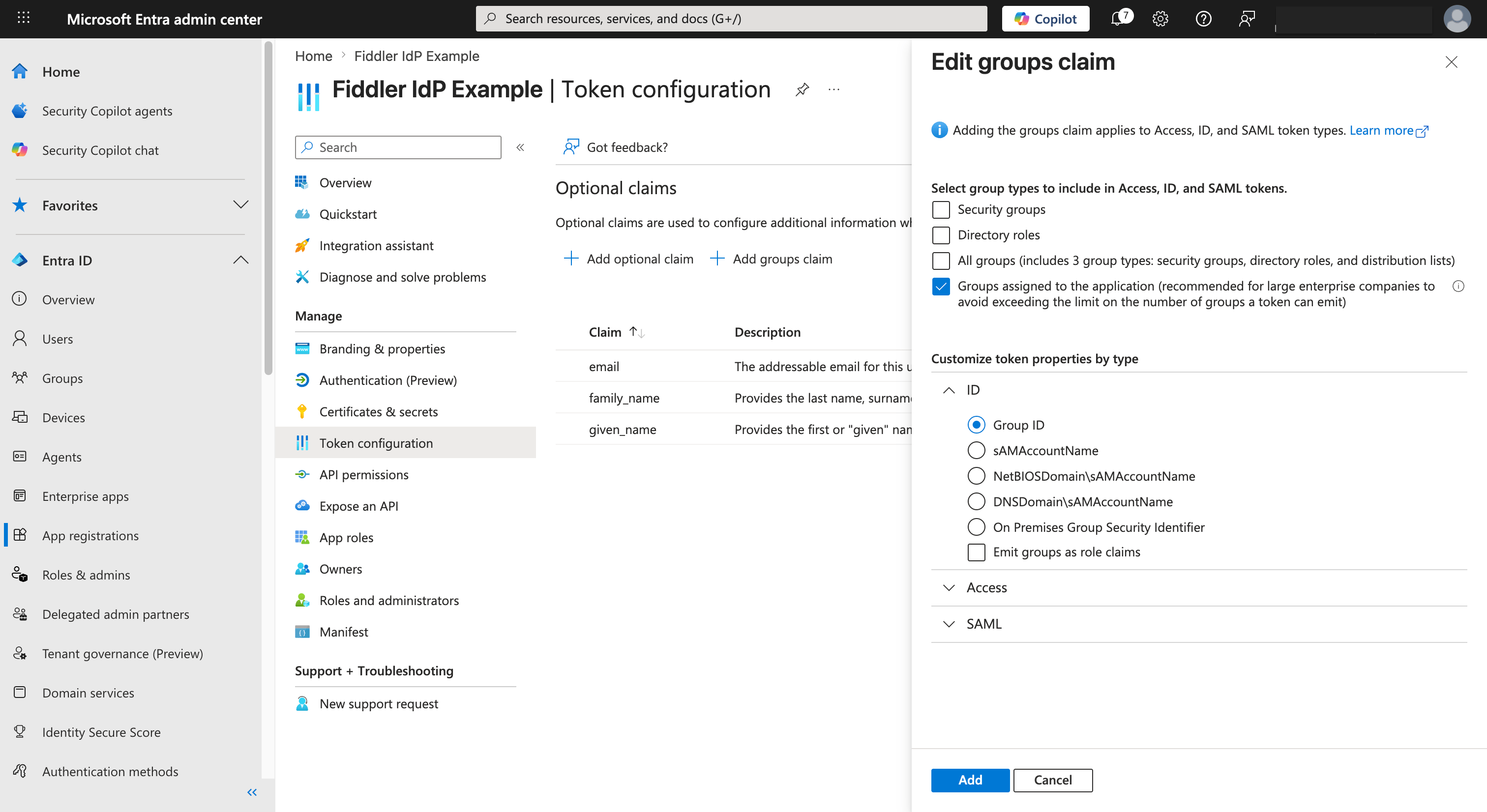 Microsoft Entra ID groups claim configuration