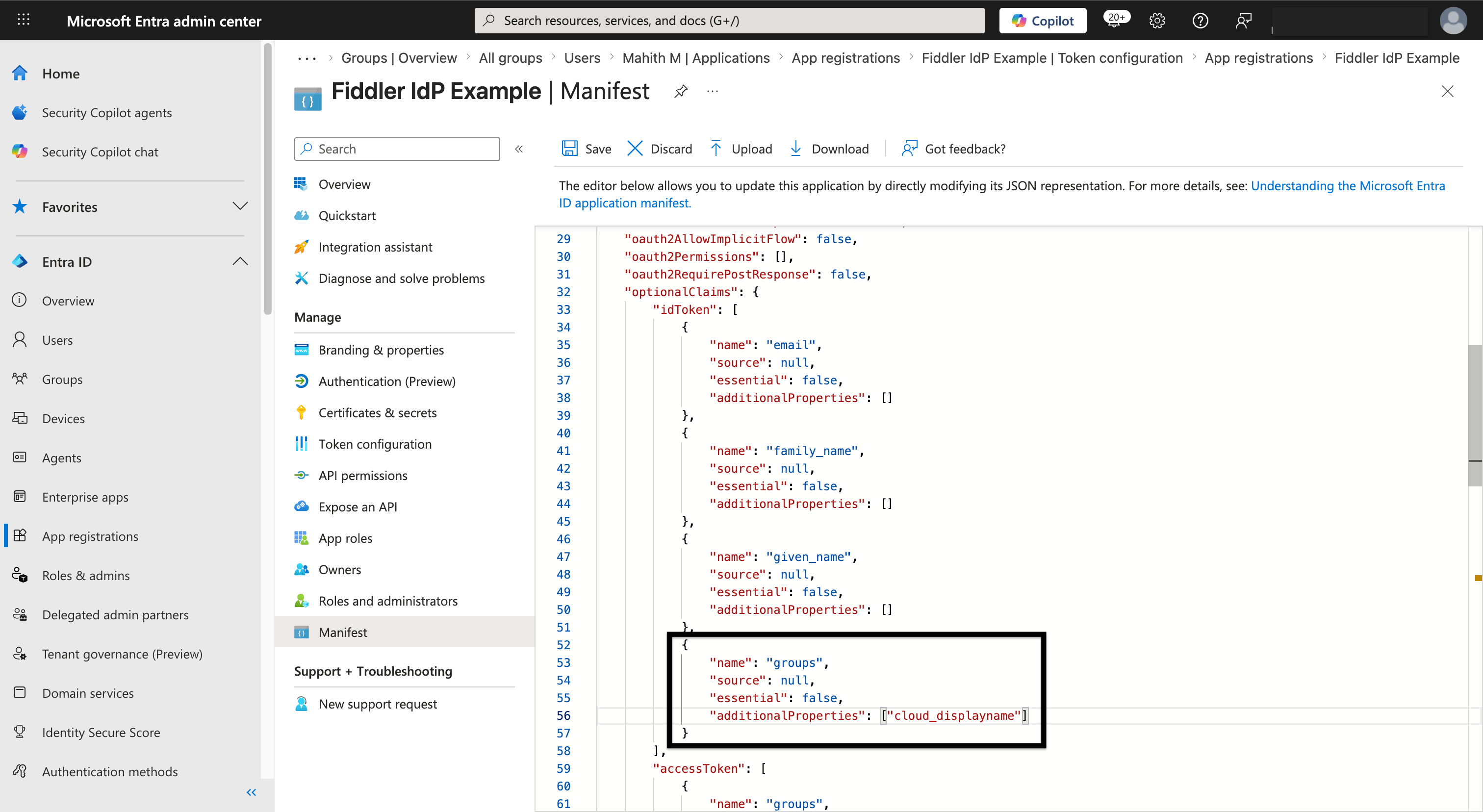 Microsoft Entra ID manifest groups claim cloud_displayname