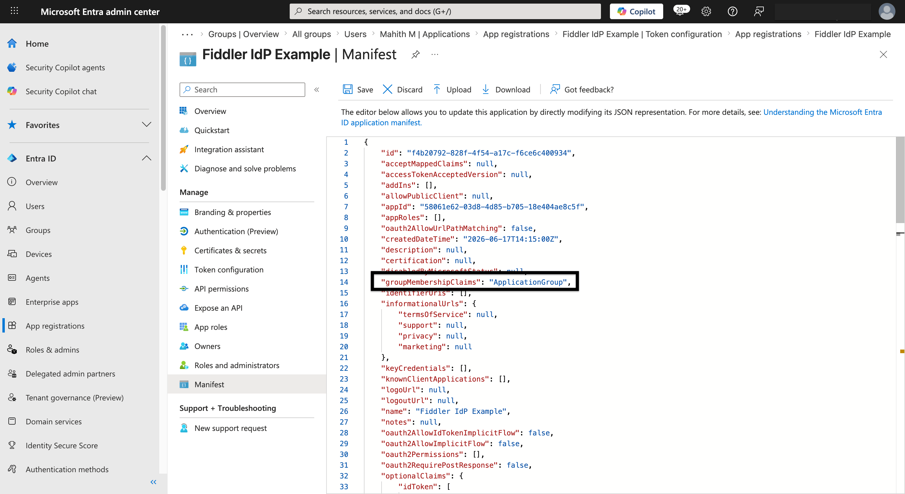 Microsoft Entra ID manifest group membership claims