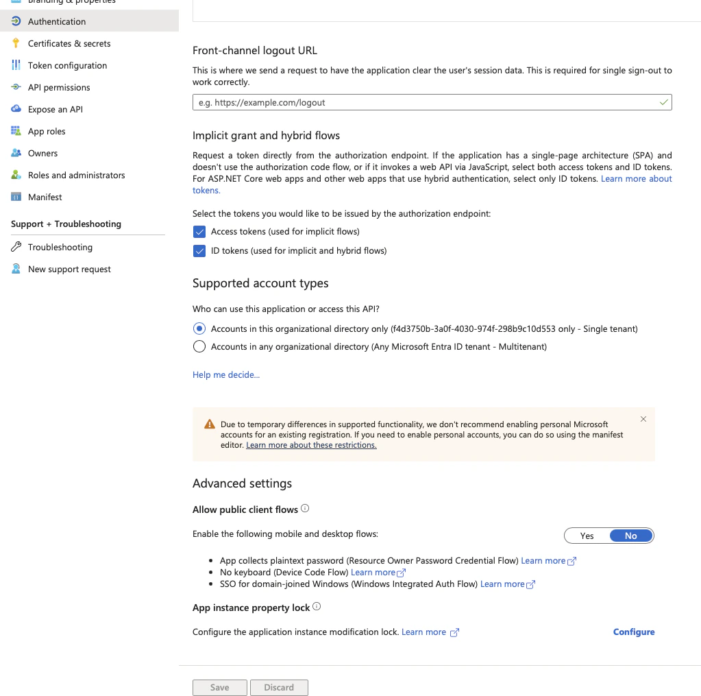 Under Implicit Grant and Hybrid Flows, 'Access tokens' and 'ID tokens' are enabled. Under Supported Account Types, 'Accounts in this organizational directory only' is selected.