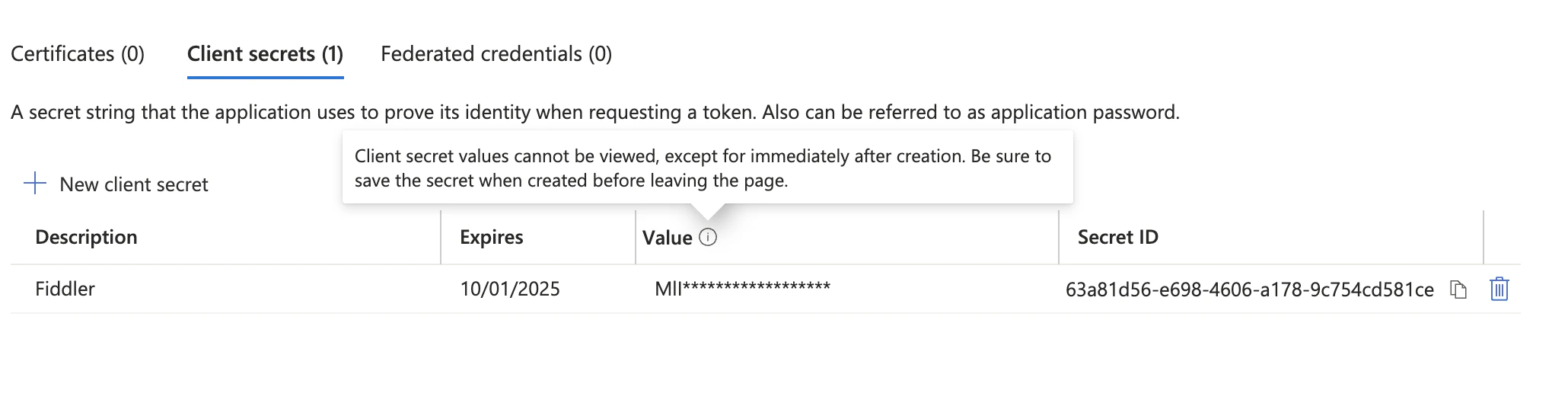 Masked client secret value