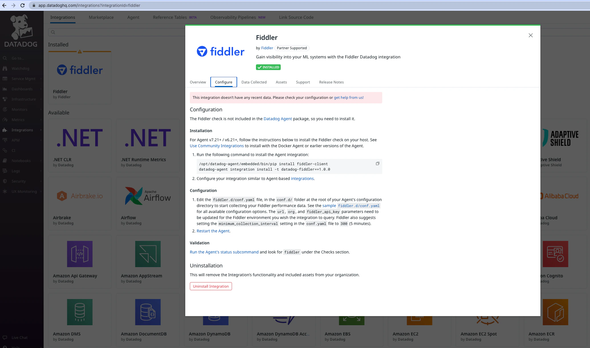 The Fiddler Datadog integration app Configuration tab
