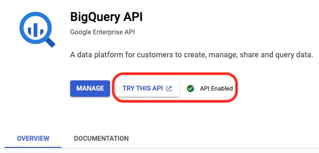 BigQuery API landing page highlighting the Try This API button and showing the API as enabled.