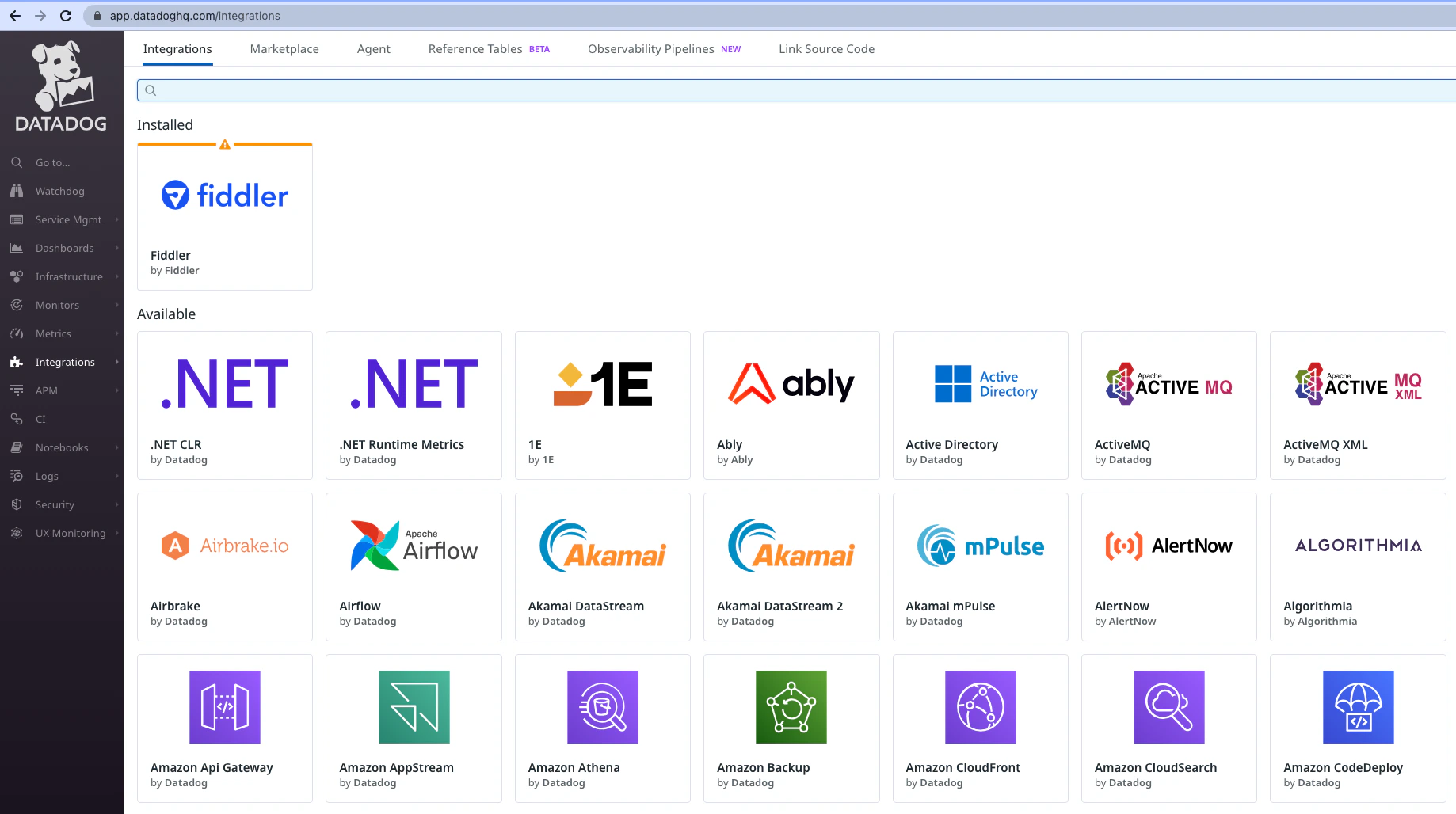 Fiddler displayed as installed in the Datadog marketplace Integrations tab