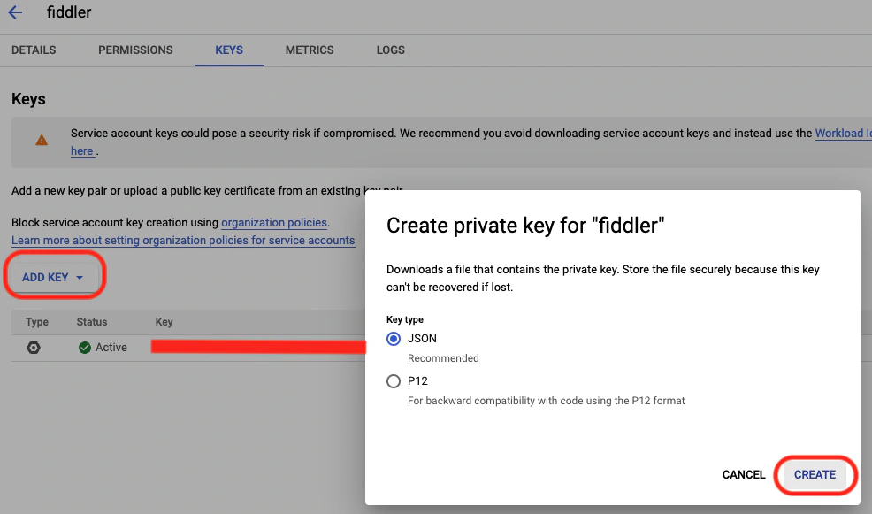Showing Keys tab of the new service account and the create private key model for example account "fiddler" with JSON key type option selected.