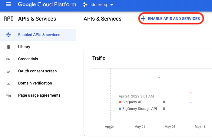 GCP APIs & Services dashboard with the Enable APIs and Services button highlights.