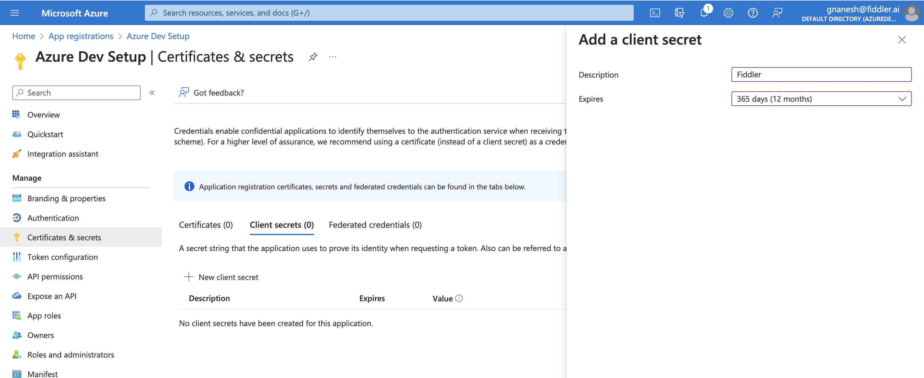 create a new client secret - screenshot