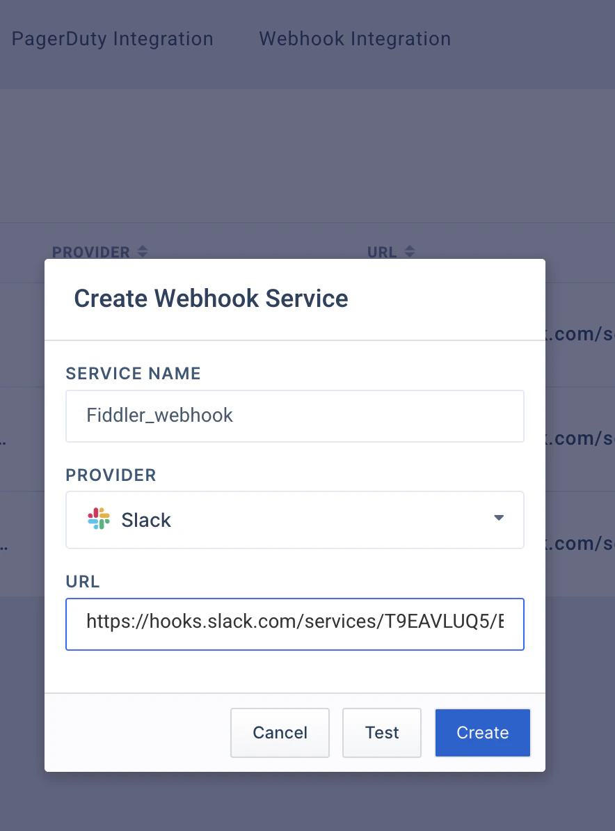 Create Webhook Service modal dialog