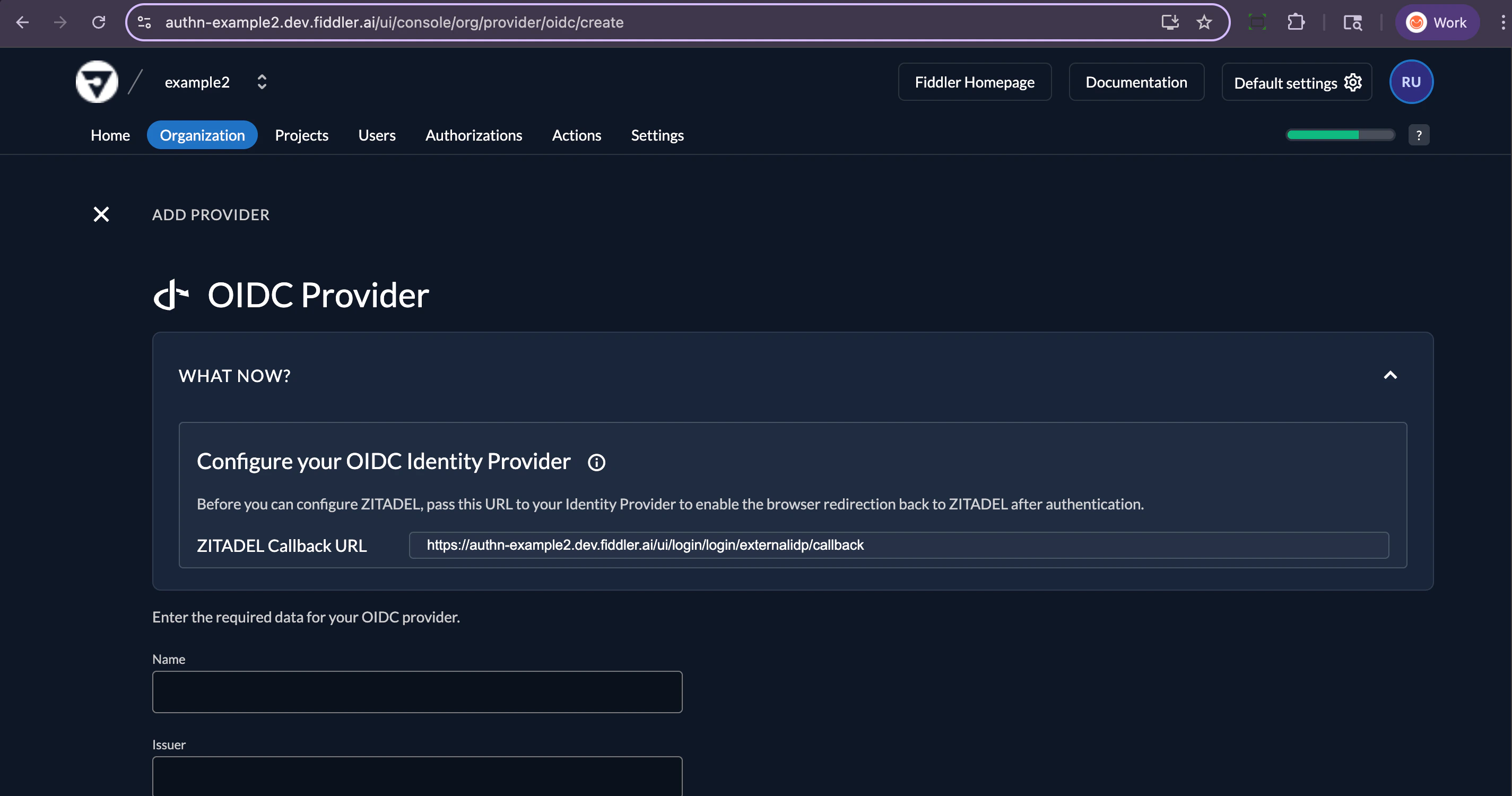 Fiddler AuthN console add new OIDC provider form with callback URL
