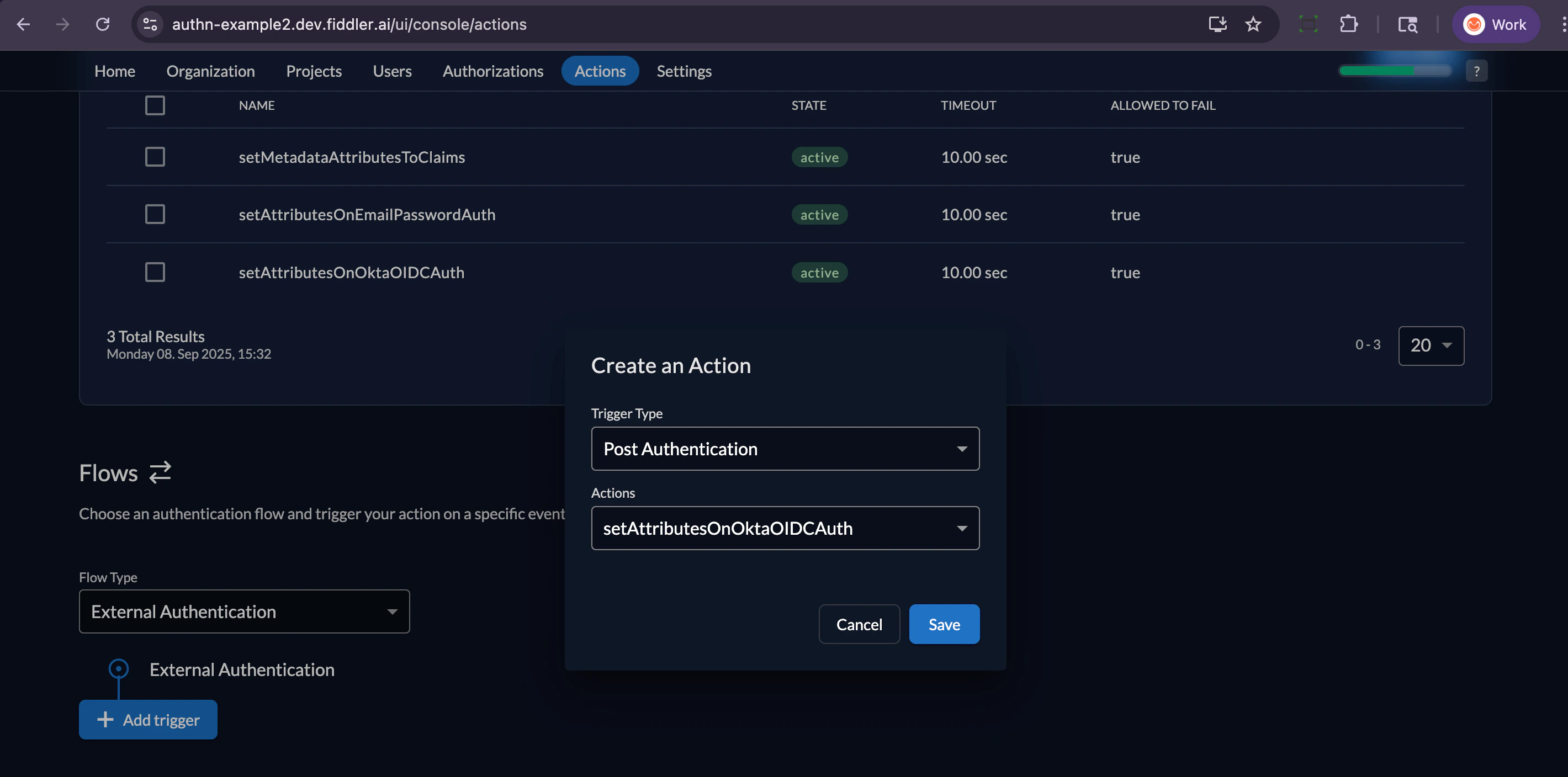 Fiddler AuthN console new Action trigger creation
