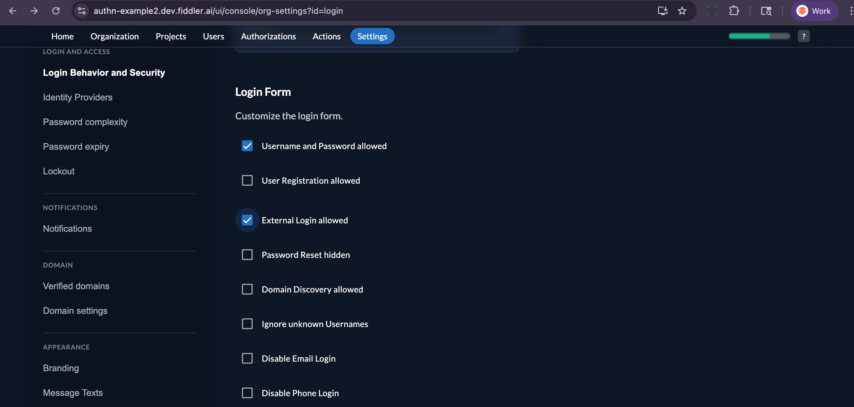 Fiddler AuthN console allow external login behavior