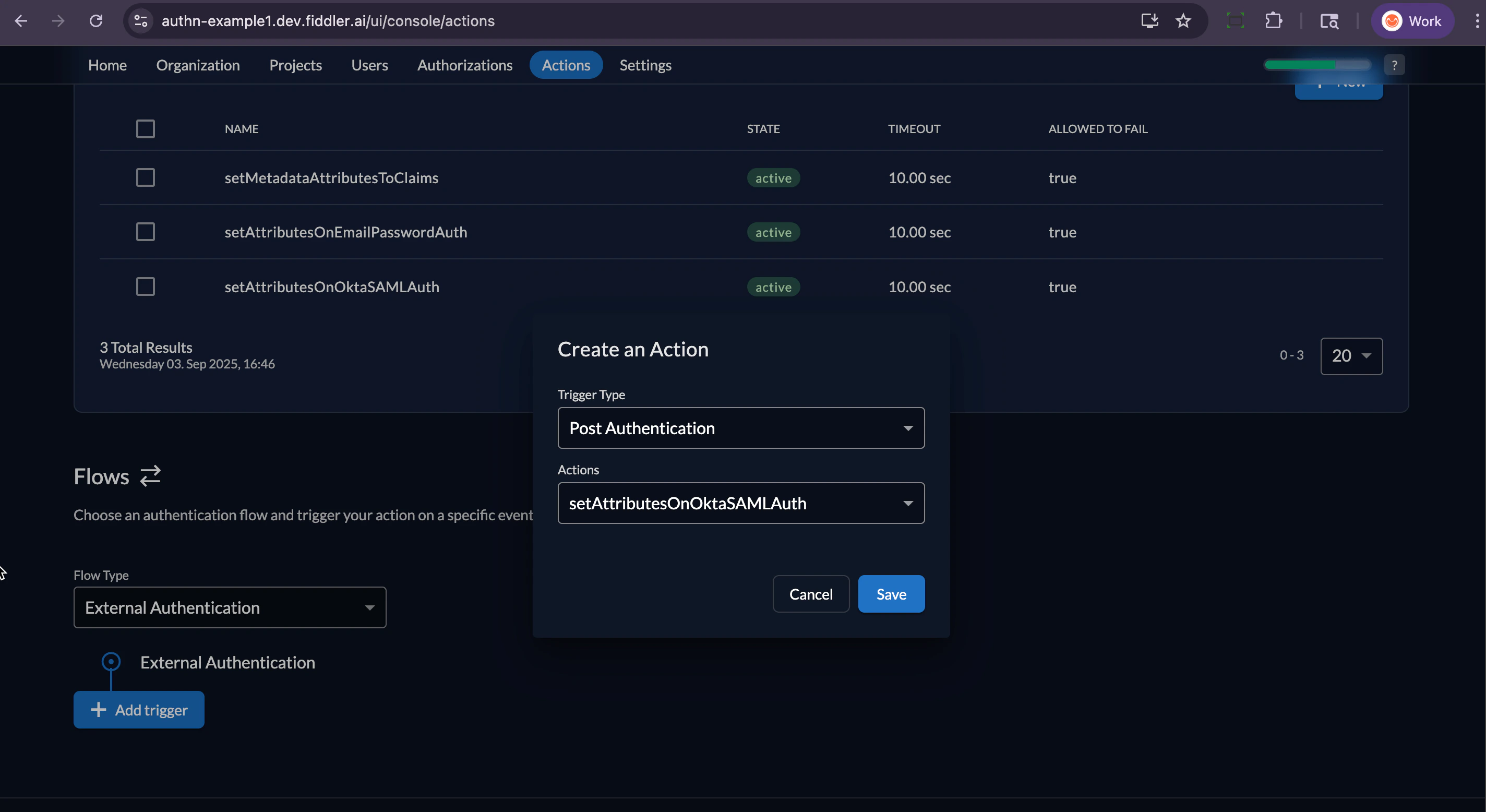 Fiddler AuthN console new Action trigger creation
