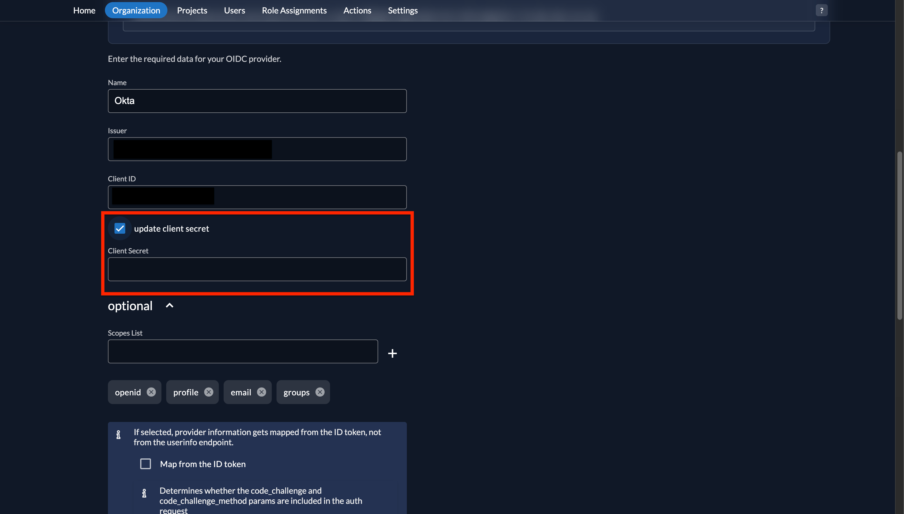 Fiddler AuthN console identity provider edit page showing the Update Client Secret field
