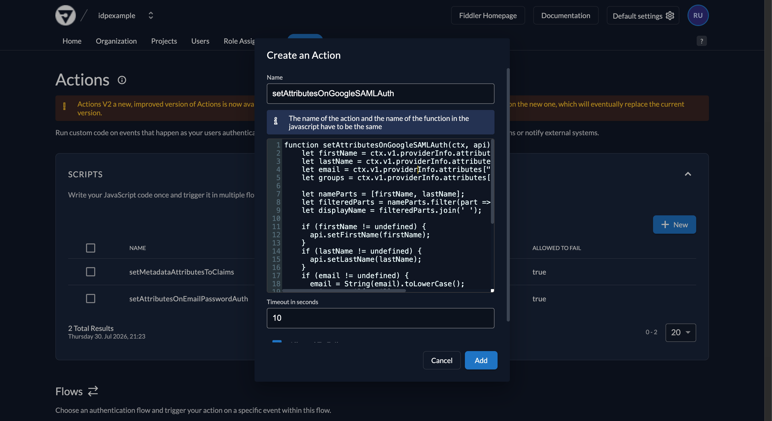 Fiddler AuthN console new custom Action script