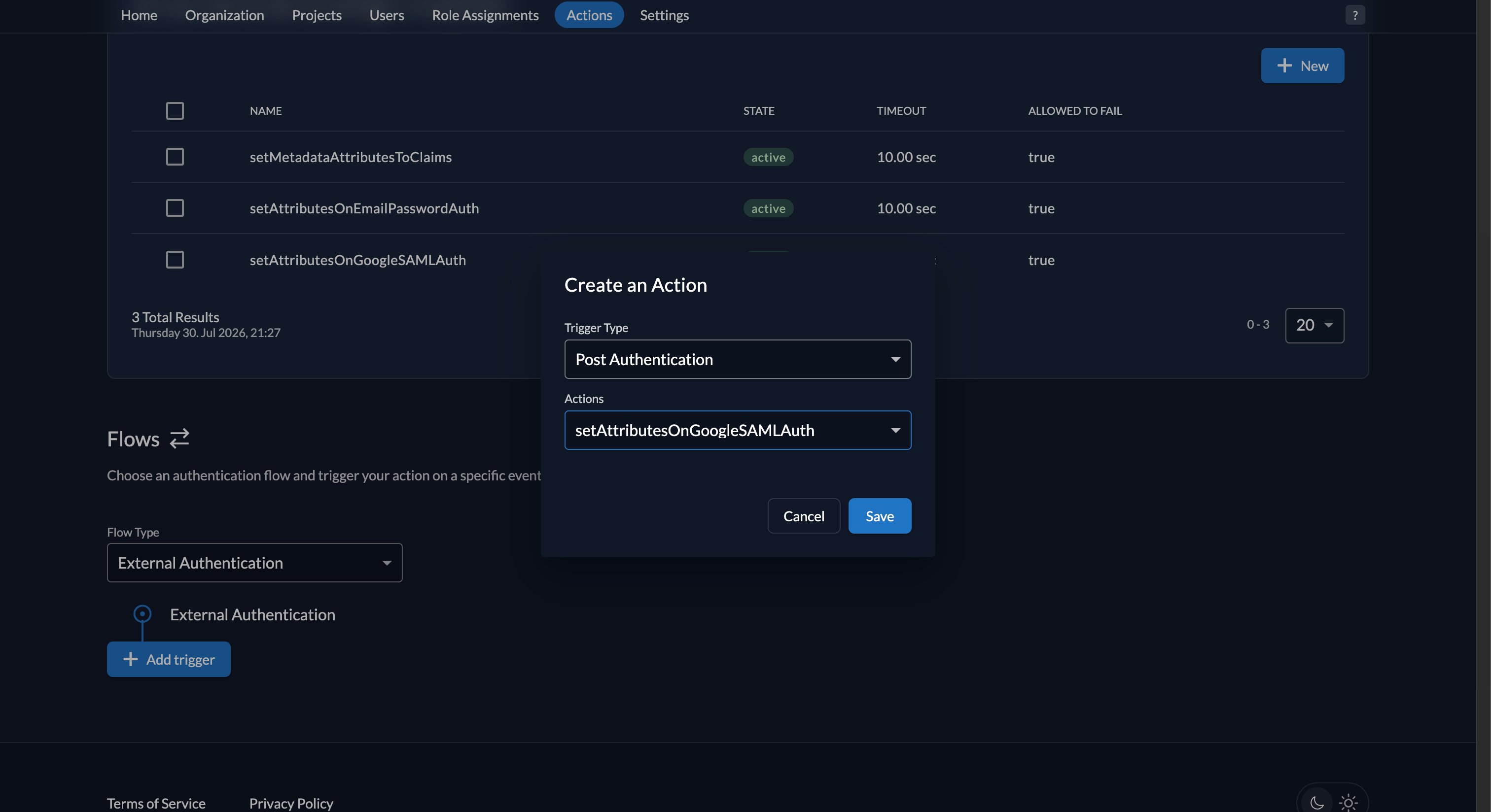 Fiddler AuthN console new Action trigger creation