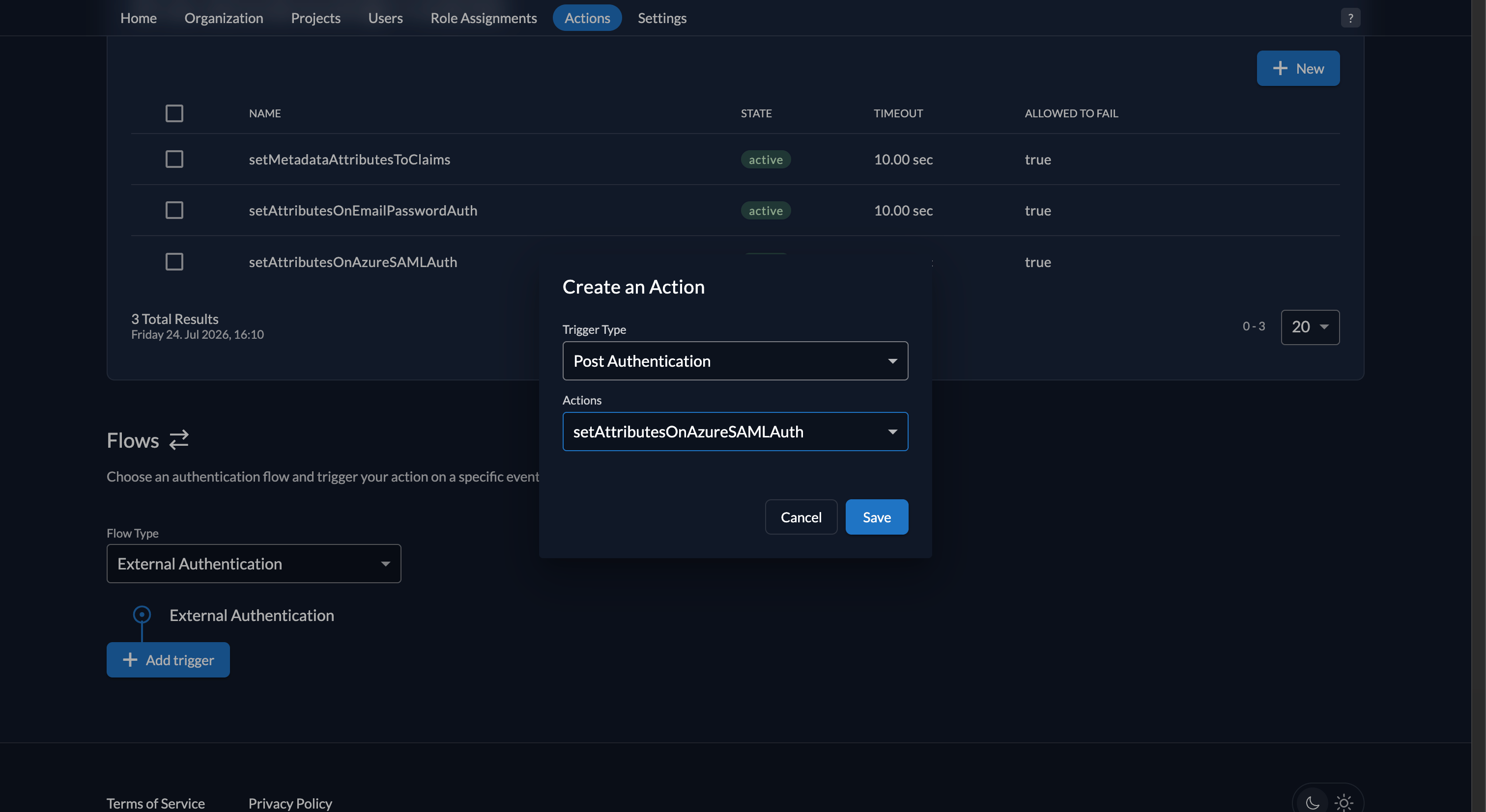 Fiddler AuthN console new Action trigger creation
