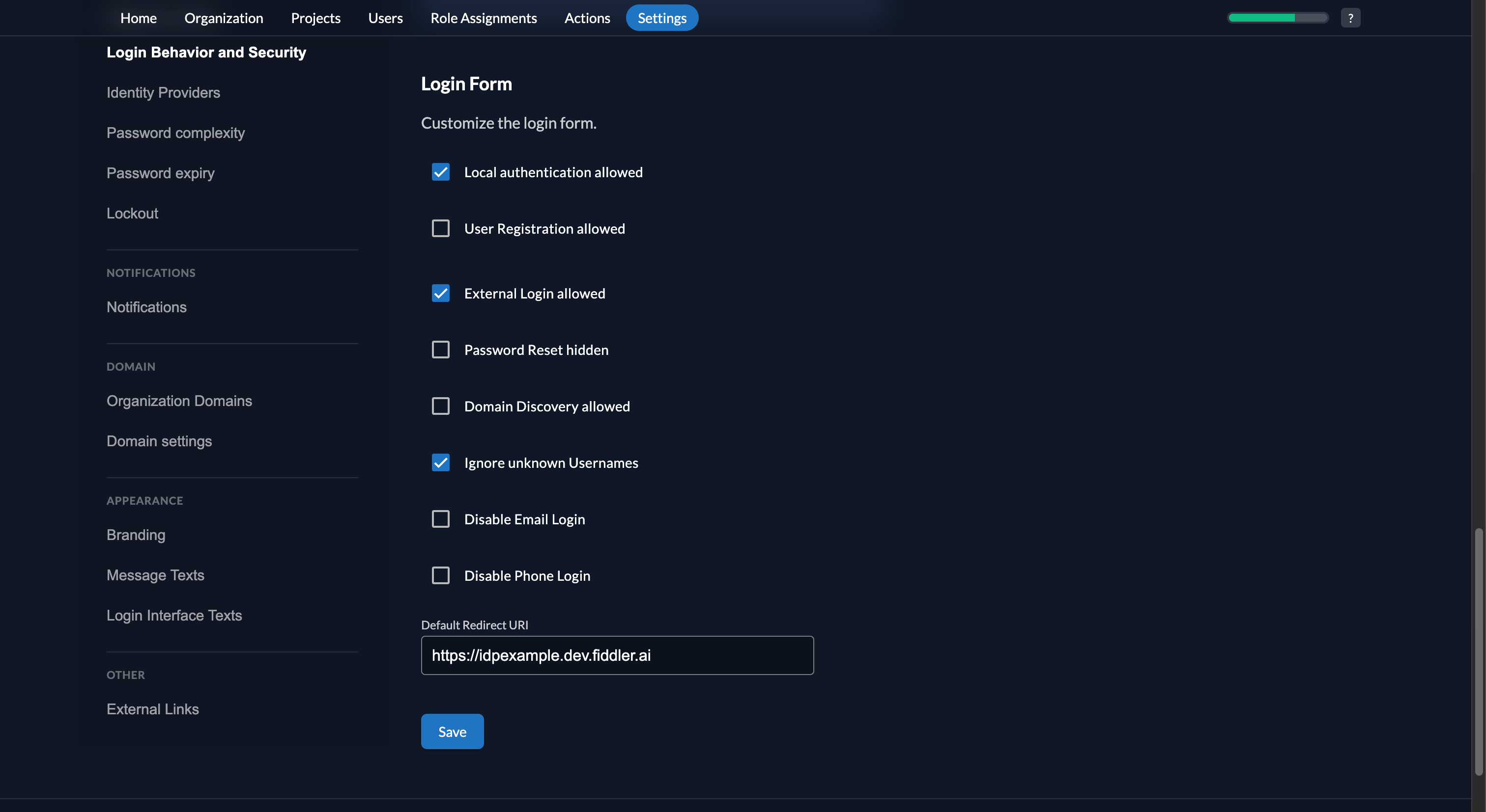 Fiddler AuthN console external login allowed
