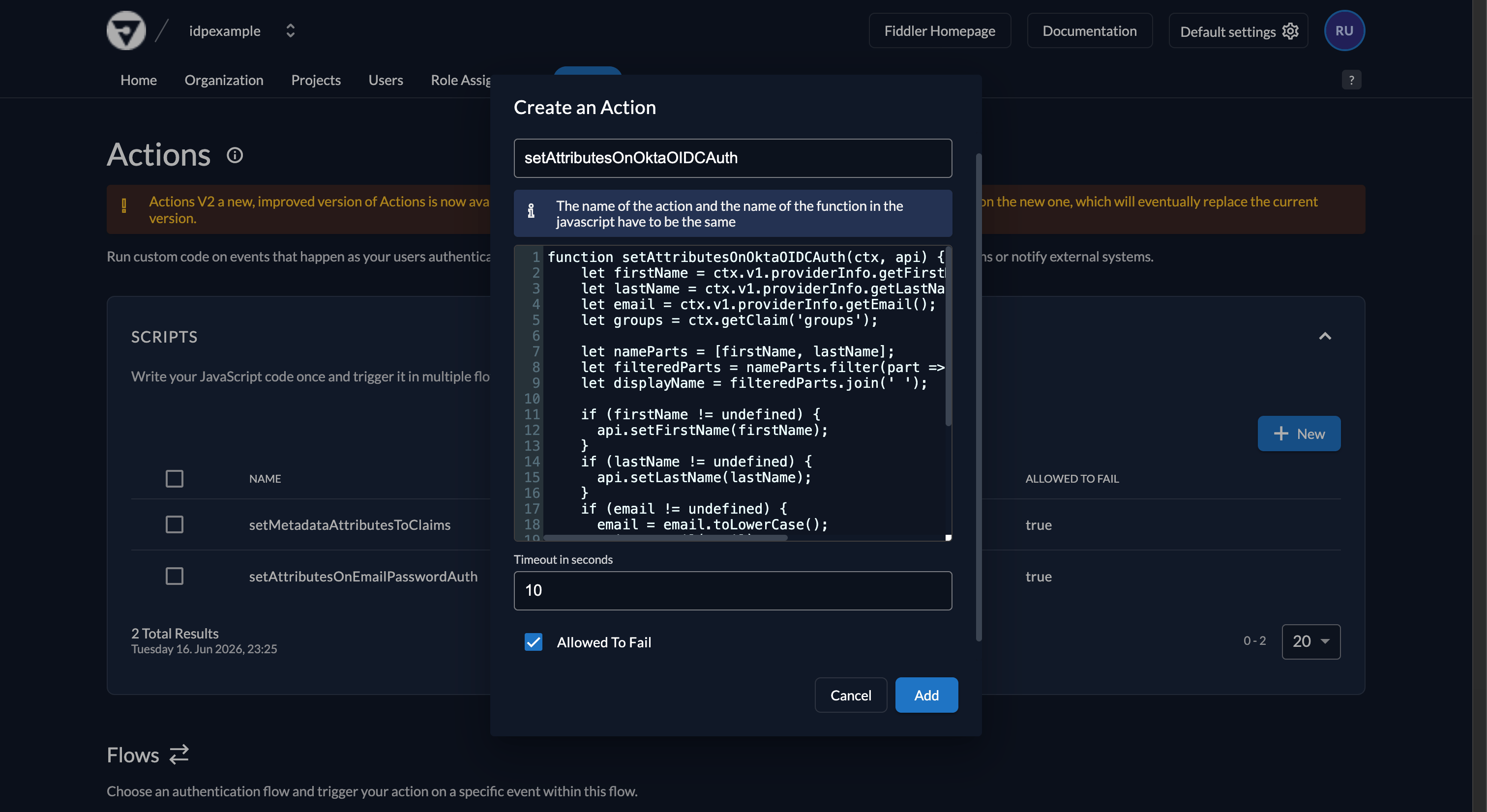Fiddler AuthN console new custom Action script