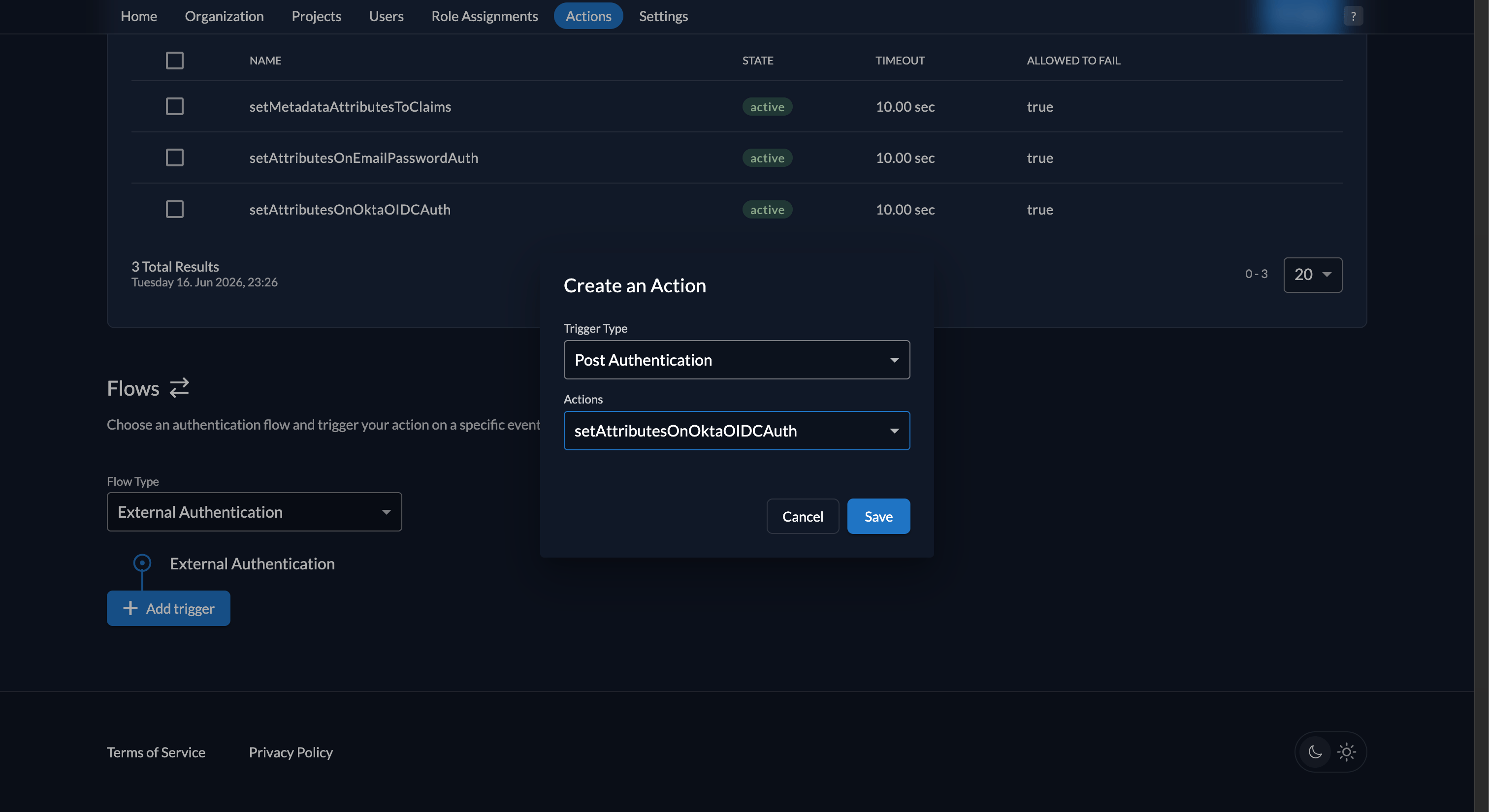 Fiddler AuthN console new Action trigger creation