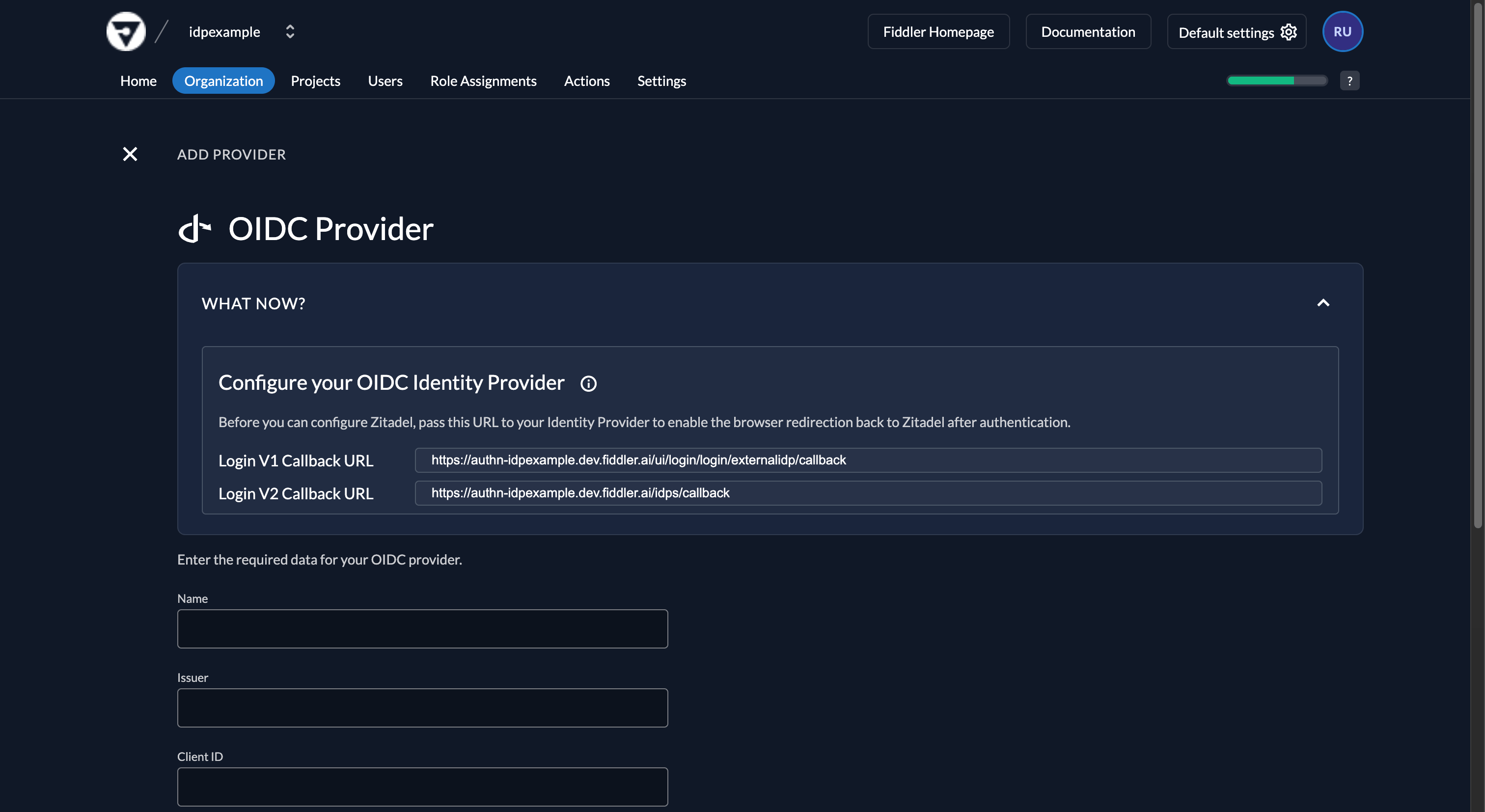 Fiddler AuthN console add new OIDC provider form with callback URL
