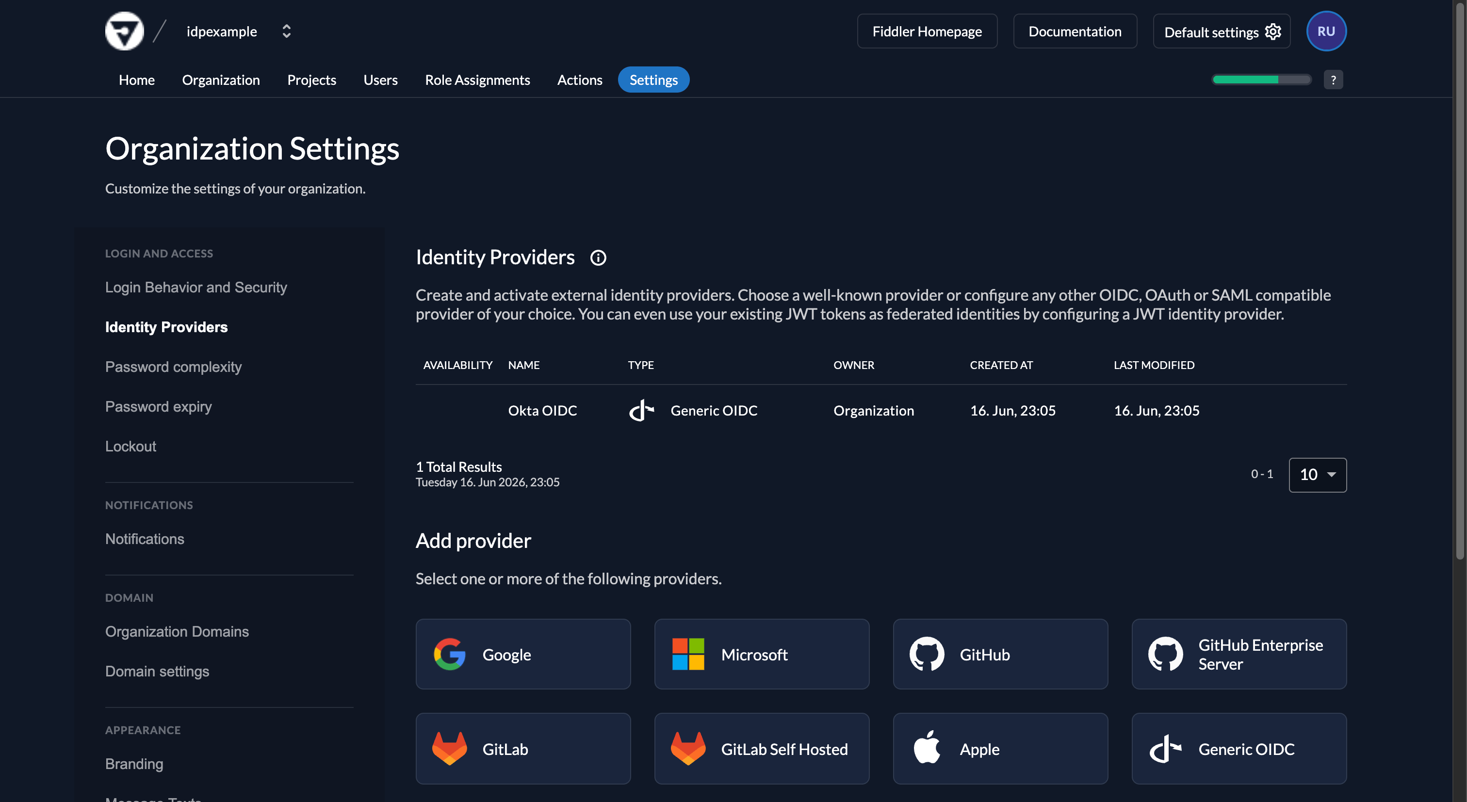 Fiddler AuthN console with newly created Okta OIDC IdP