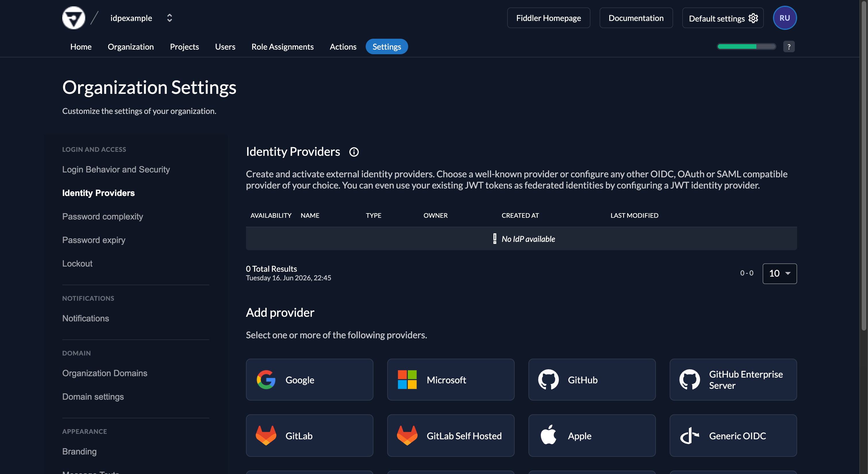Fiddler AuthN console add provider page