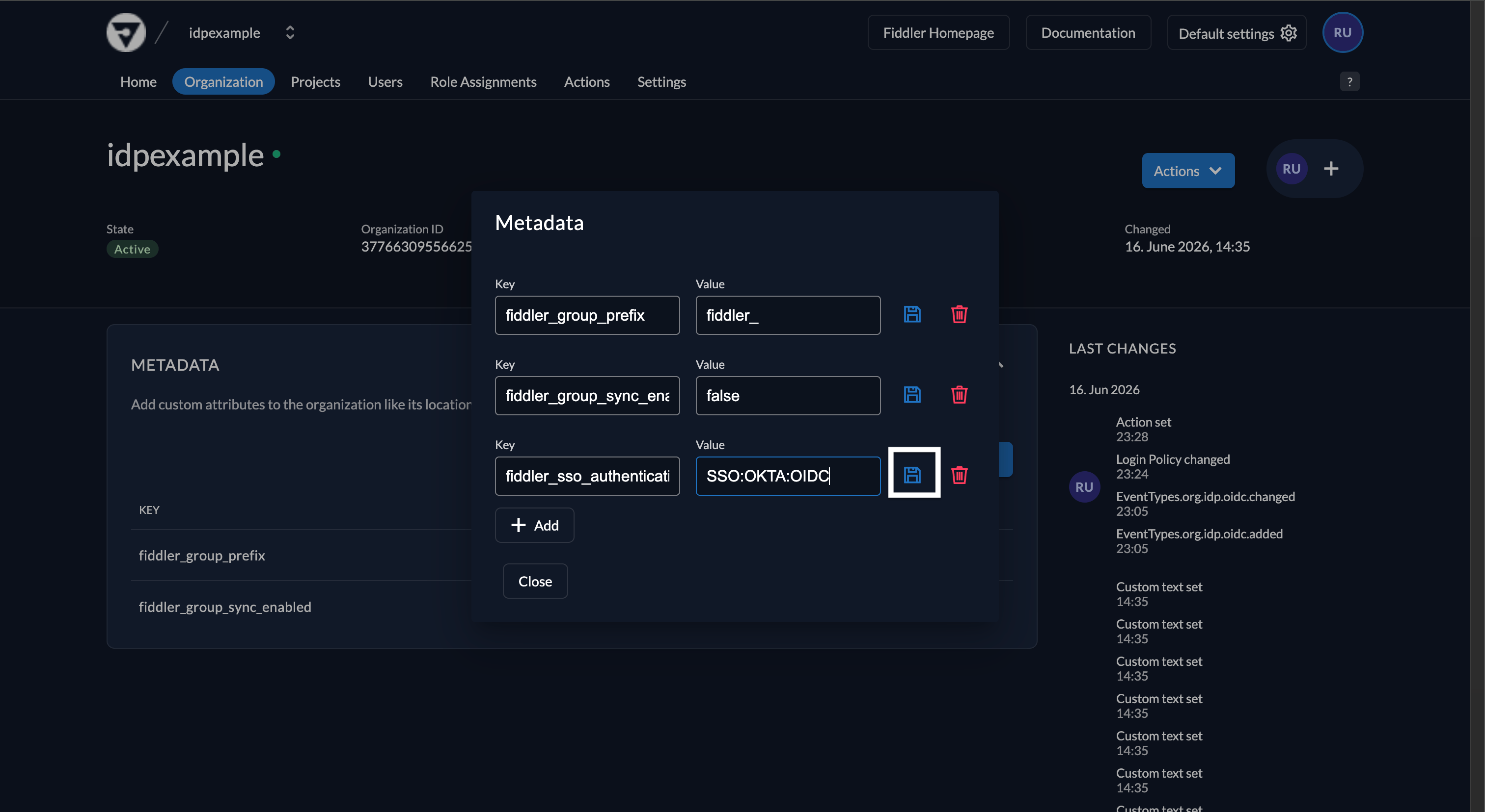 Fiddler AuthN console organization metadata edit