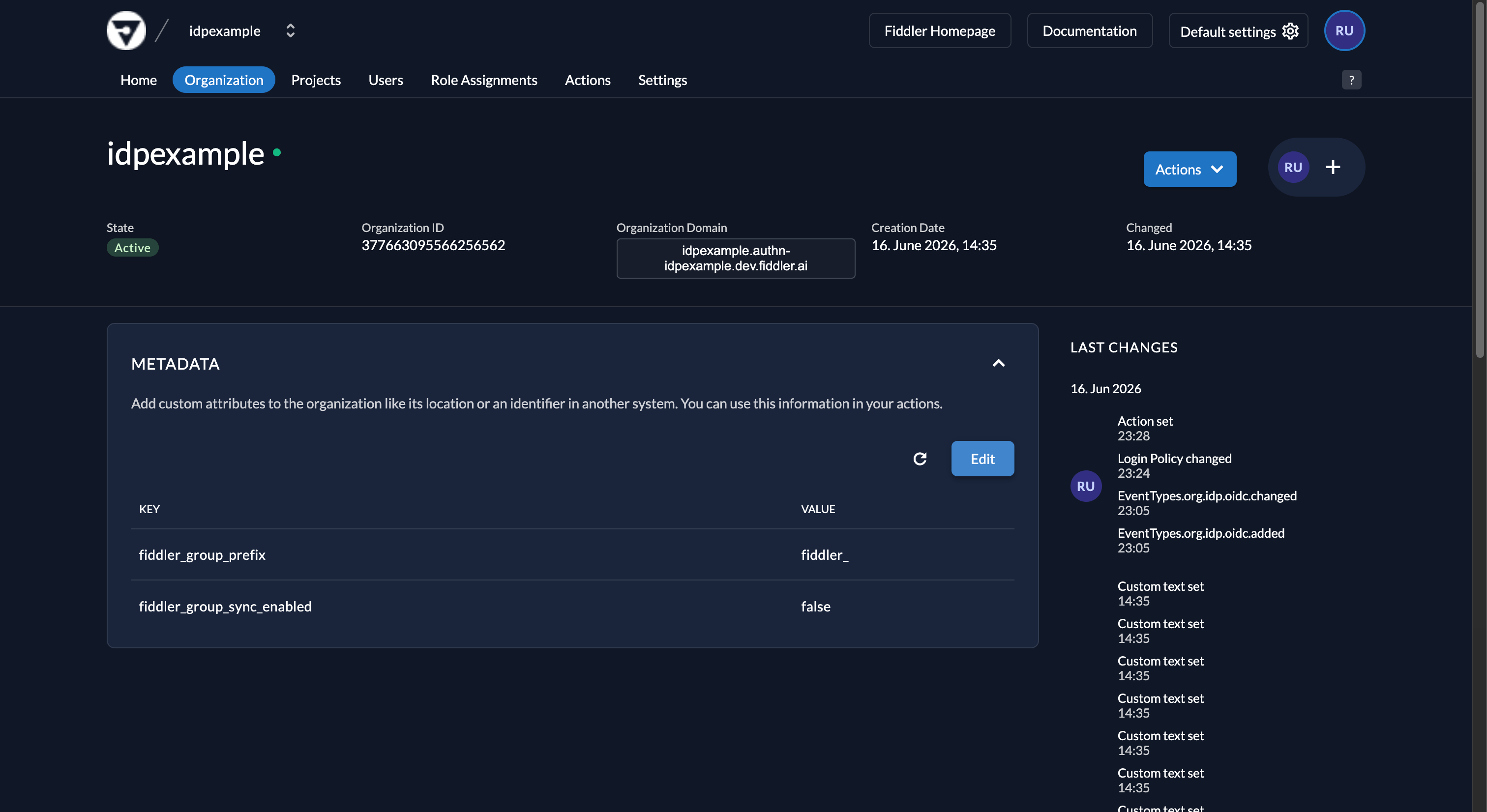 Fiddler AuthN console organization metadata section