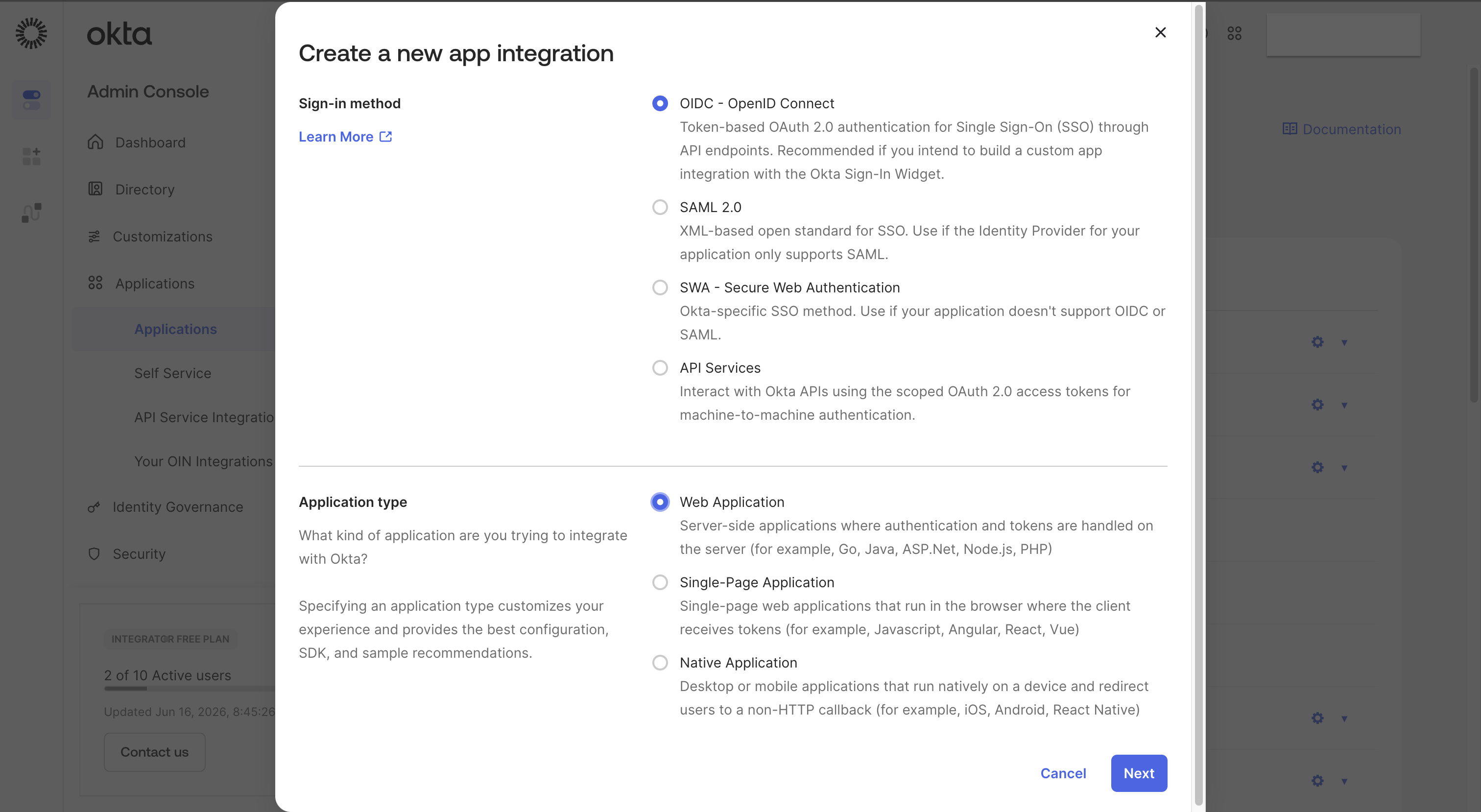 Okta admin console applications list