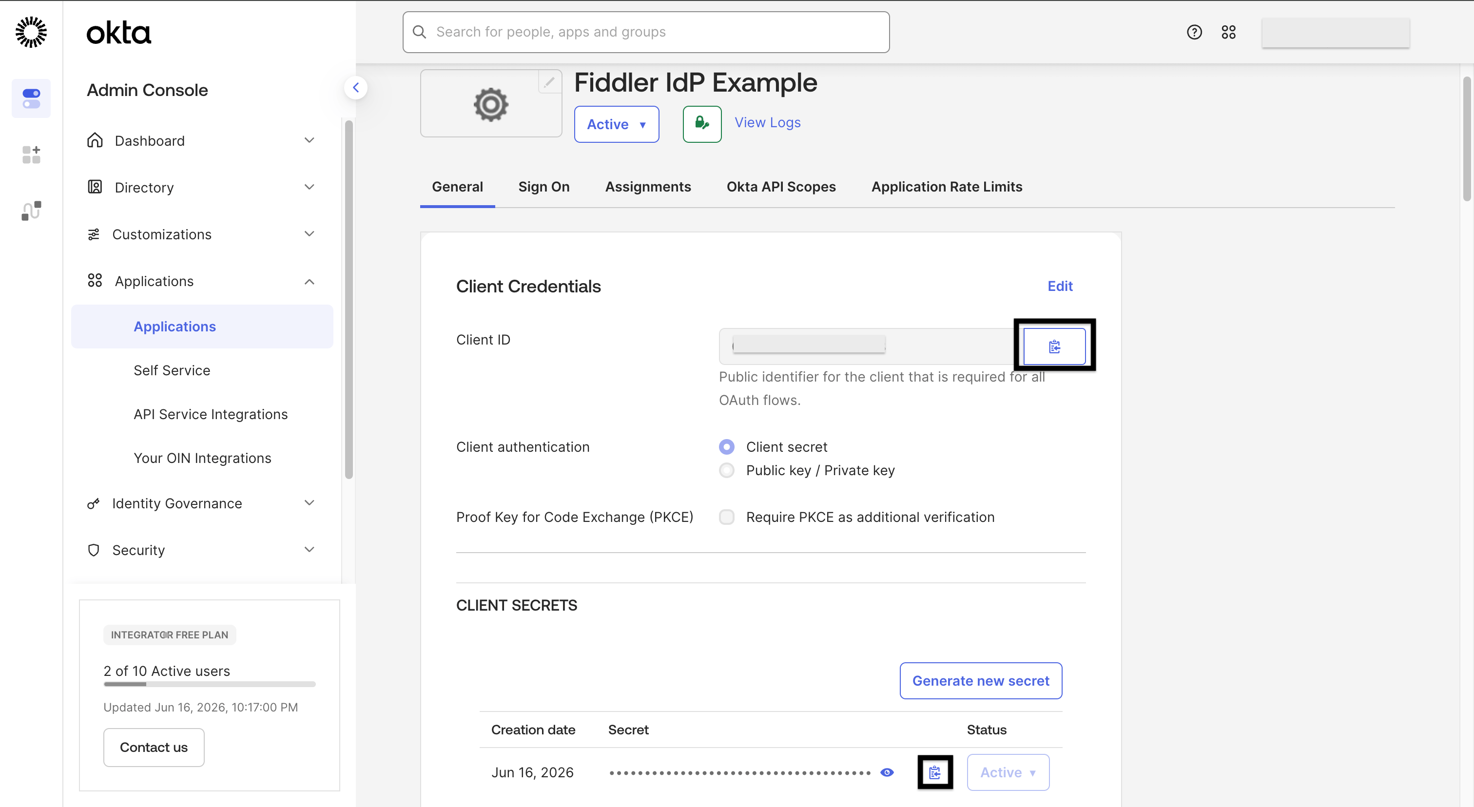 Okta admin console application page with client id and secret