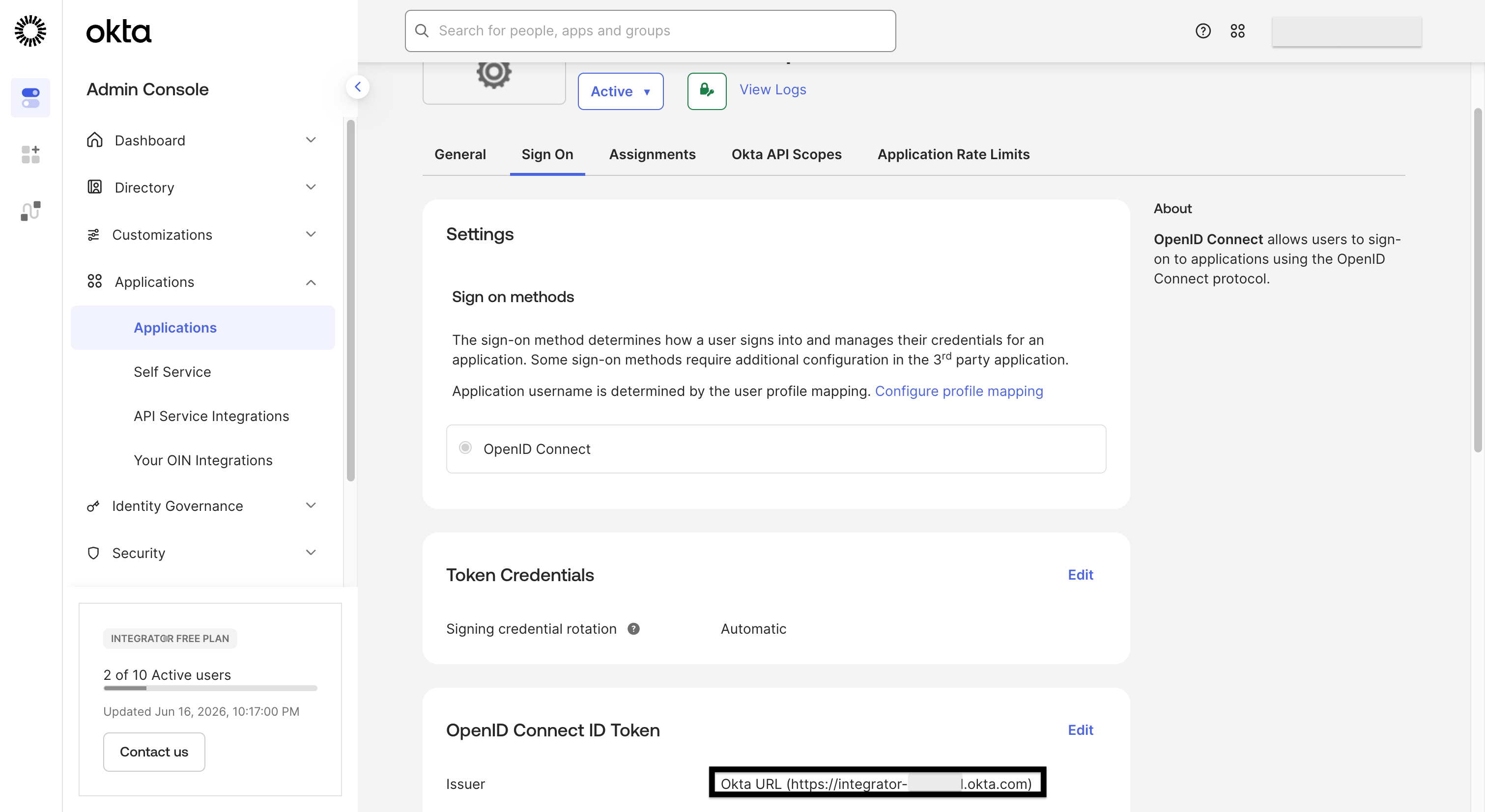Okta admin console application page with the Issuer URL
