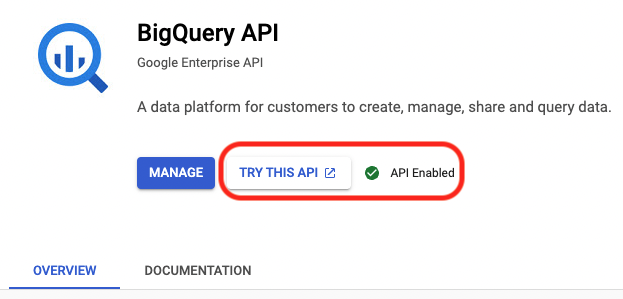BigQuery API landing page highlighting the Try This API button and showing the API as enabled.