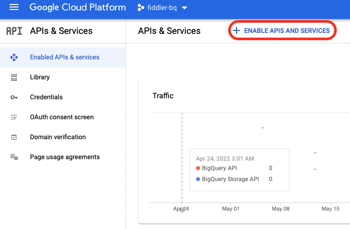GCP APIs & Services dashboard with the Enable APIs and Services button highlights.
