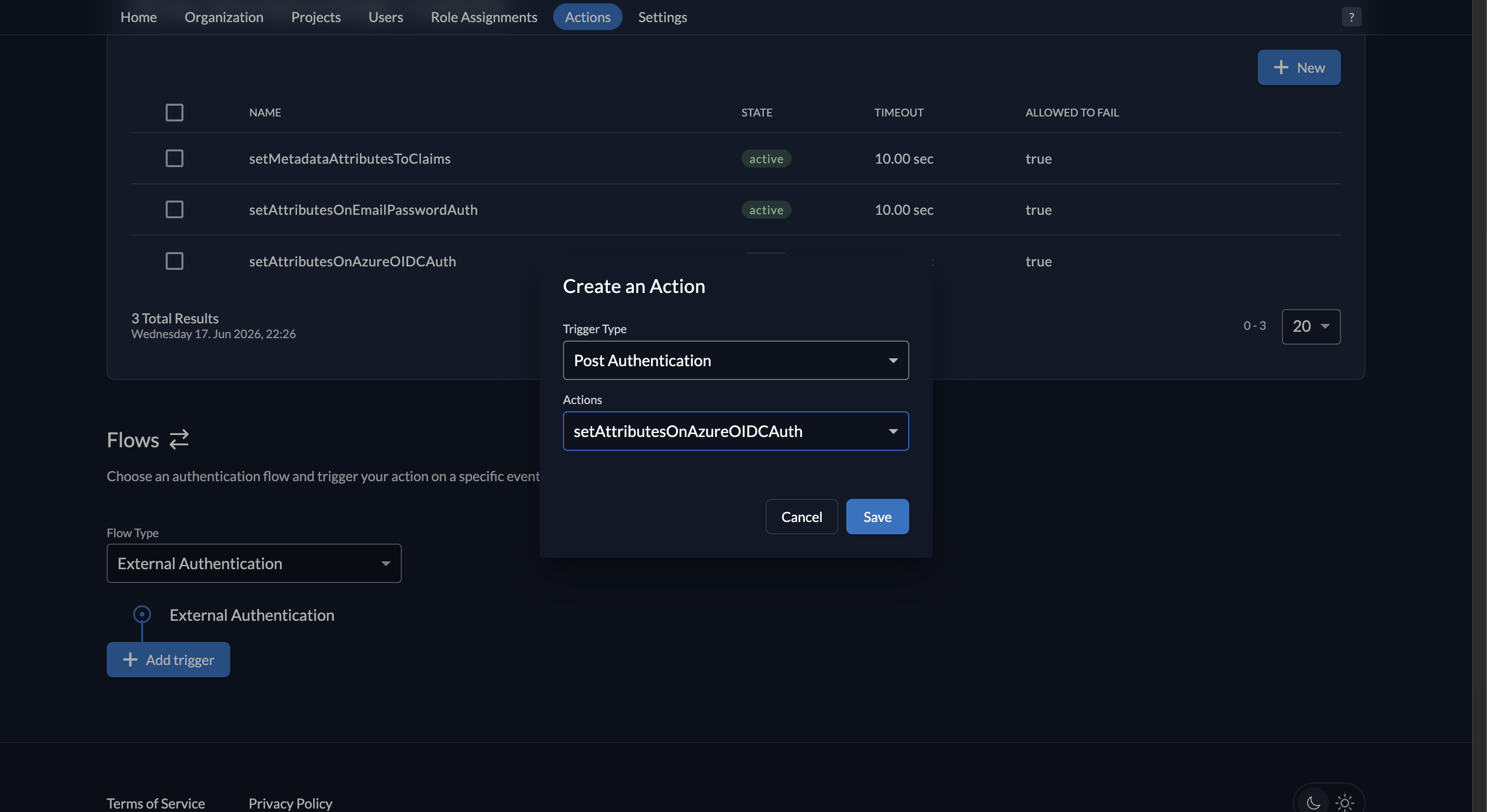 Fiddler AuthN console new Action trigger creation