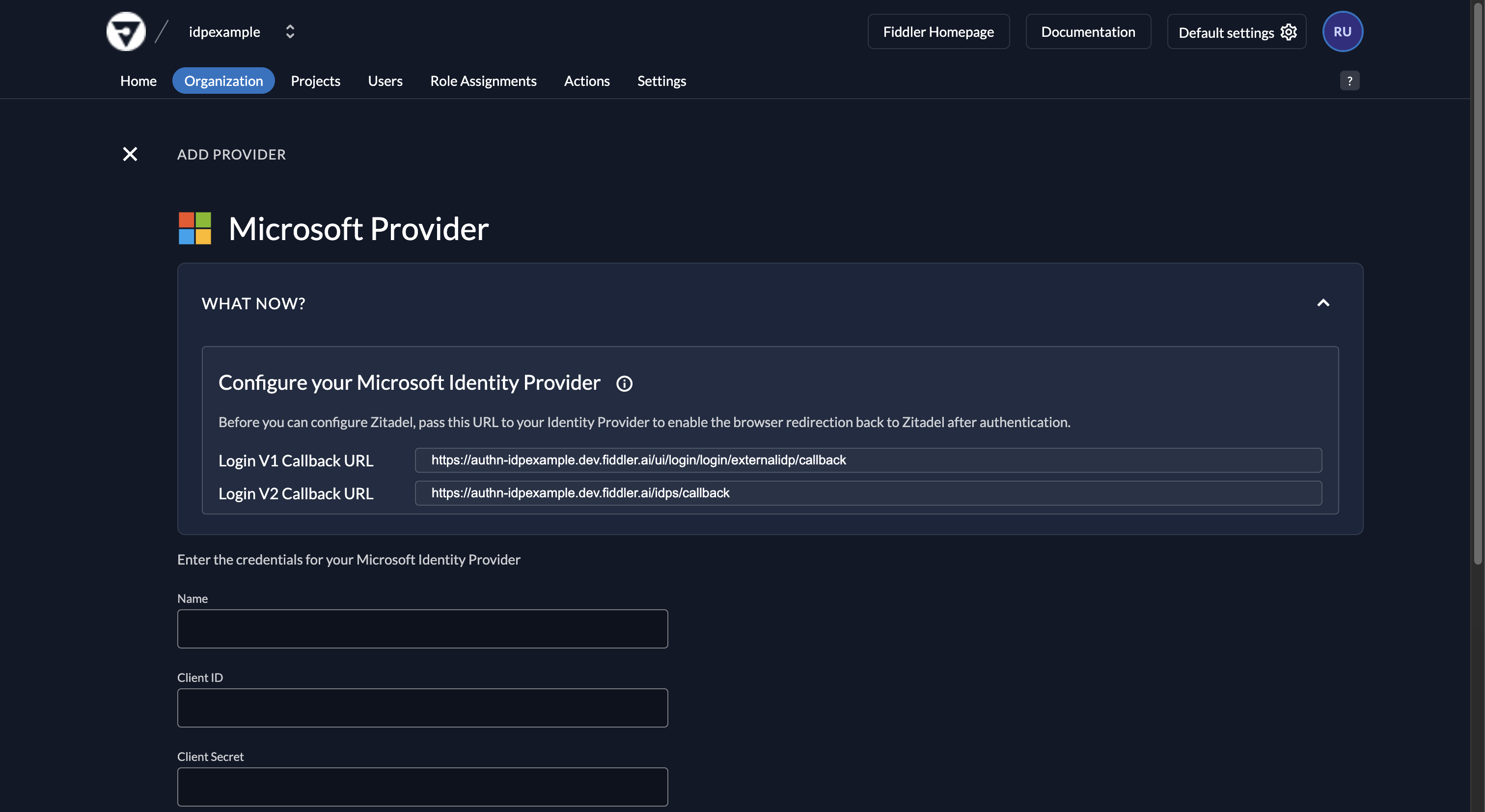 Fiddler AuthN console add new Microsoft provider form with callback URL