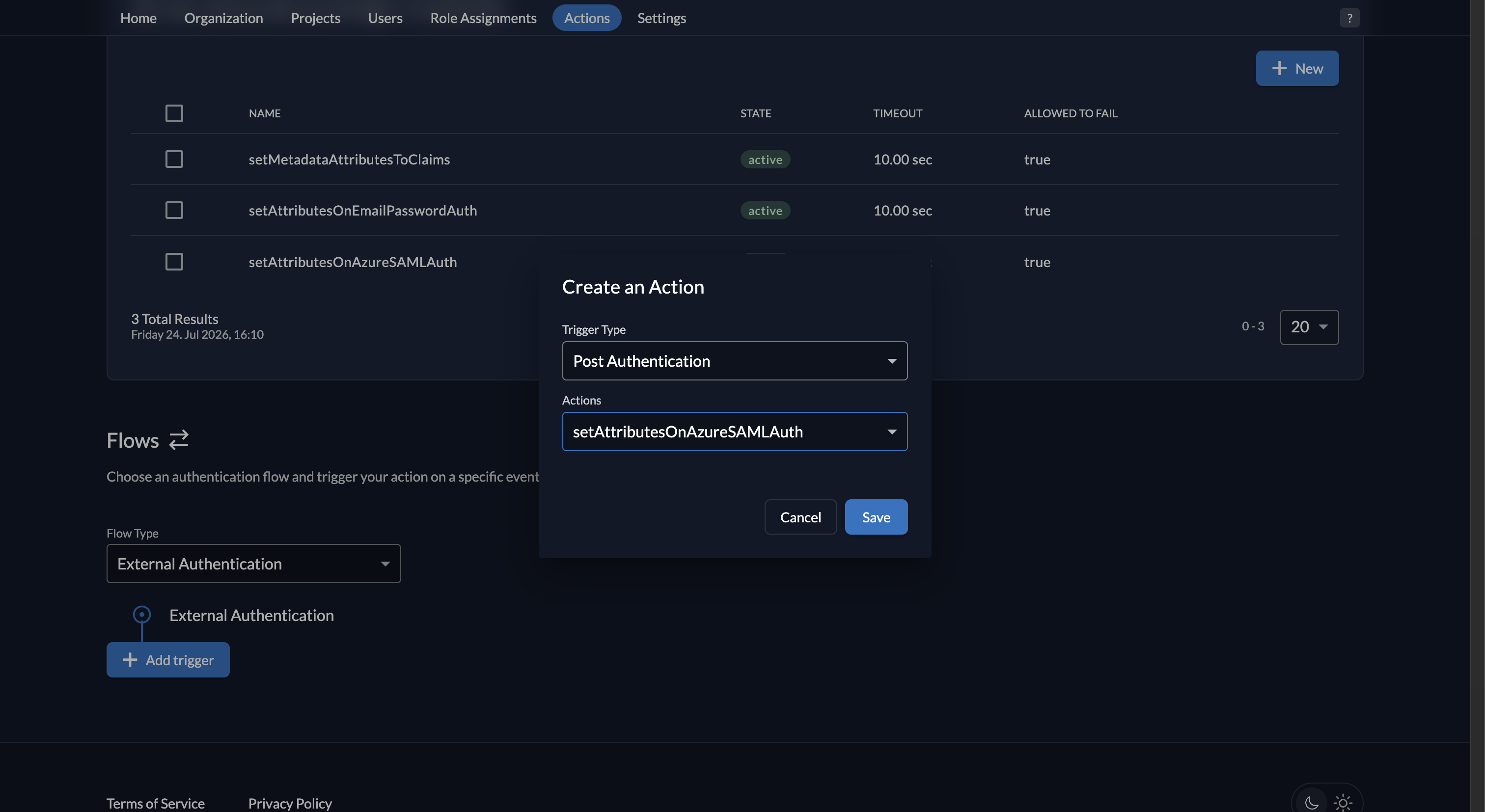 Fiddler AuthN console new Action trigger creation