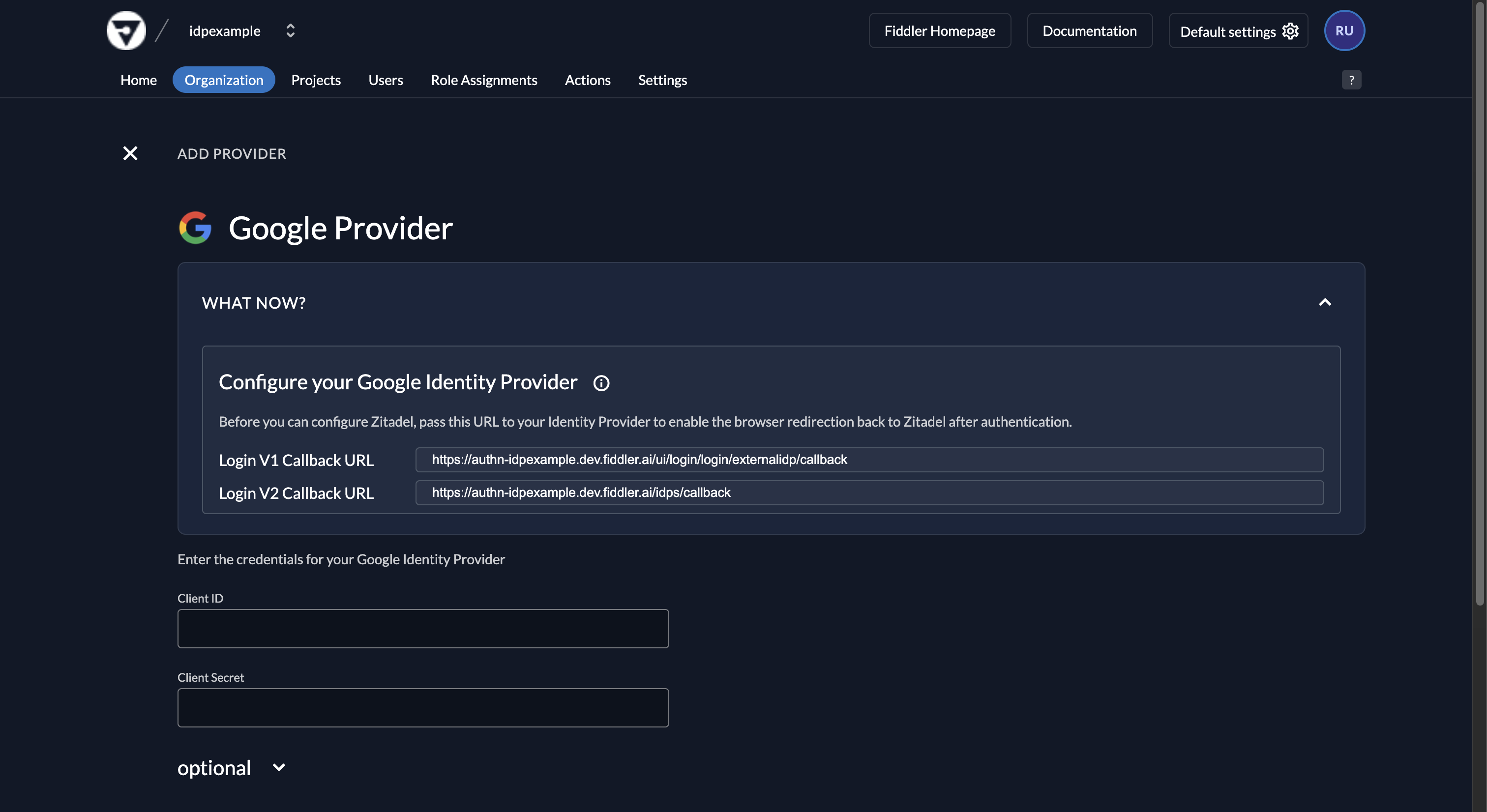 Fiddler AuthN console add new Google provider form with callback URL