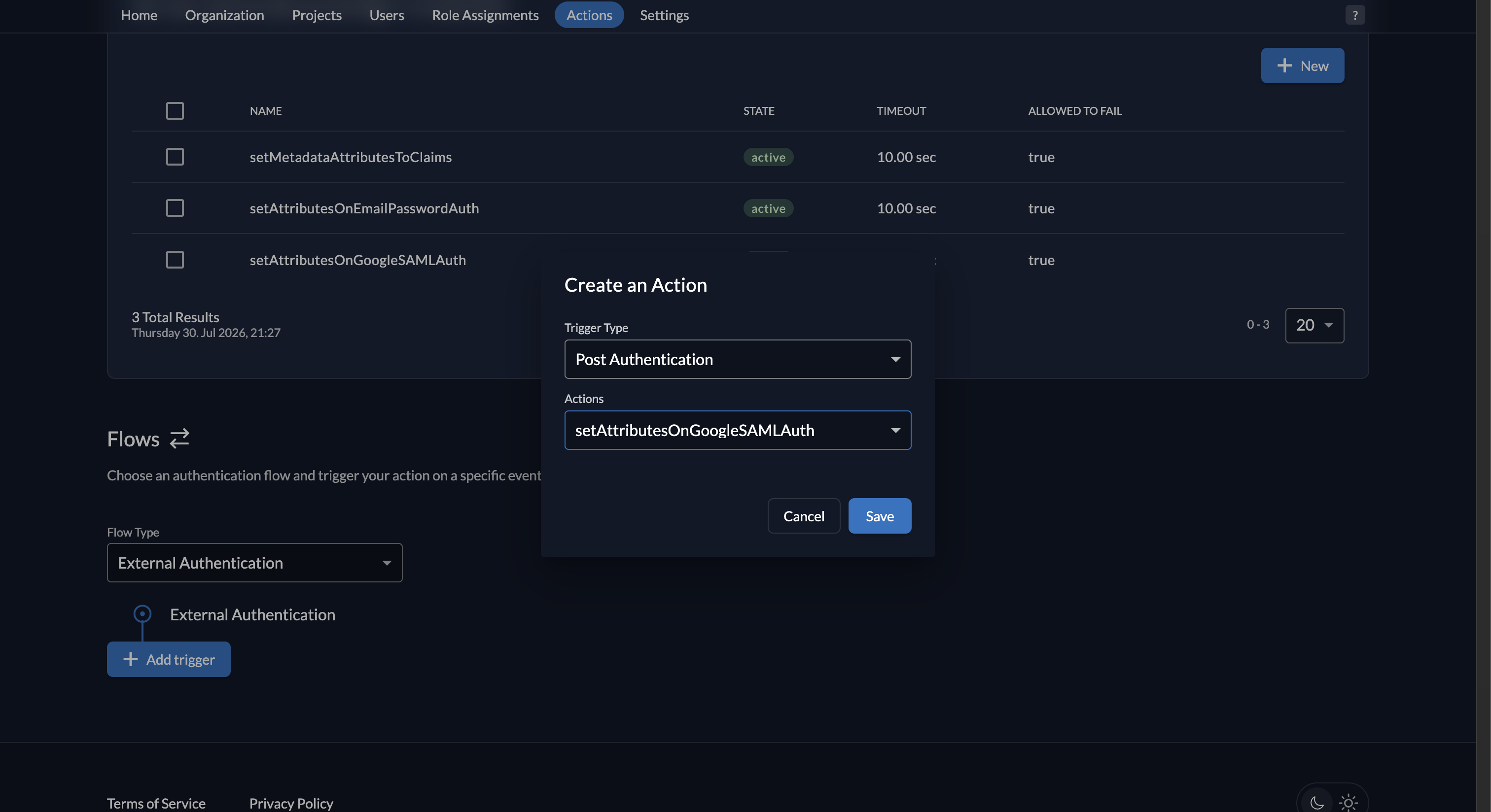 Fiddler AuthN console new Action trigger creation