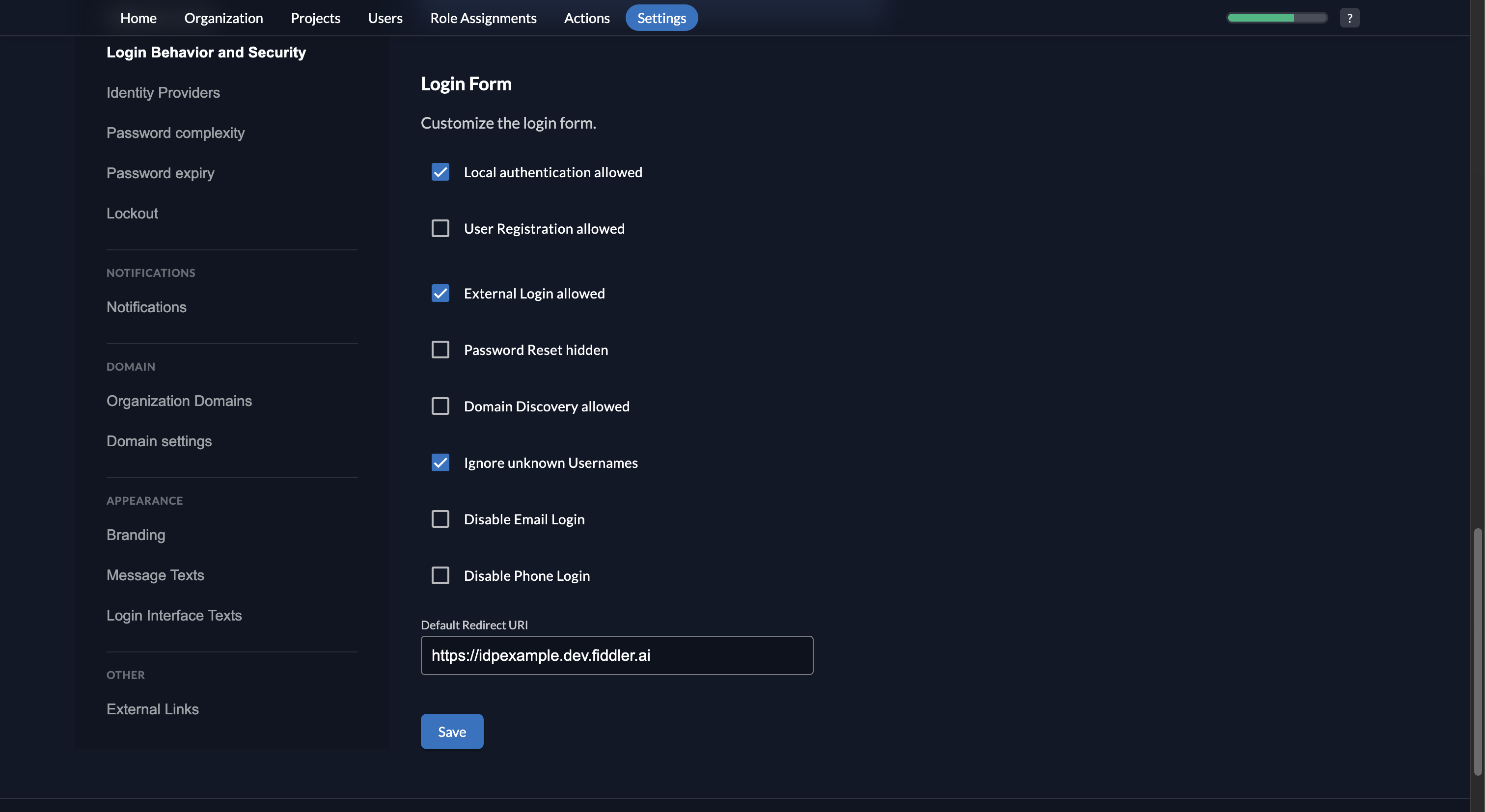 Fiddler AuthN console external login allowed
