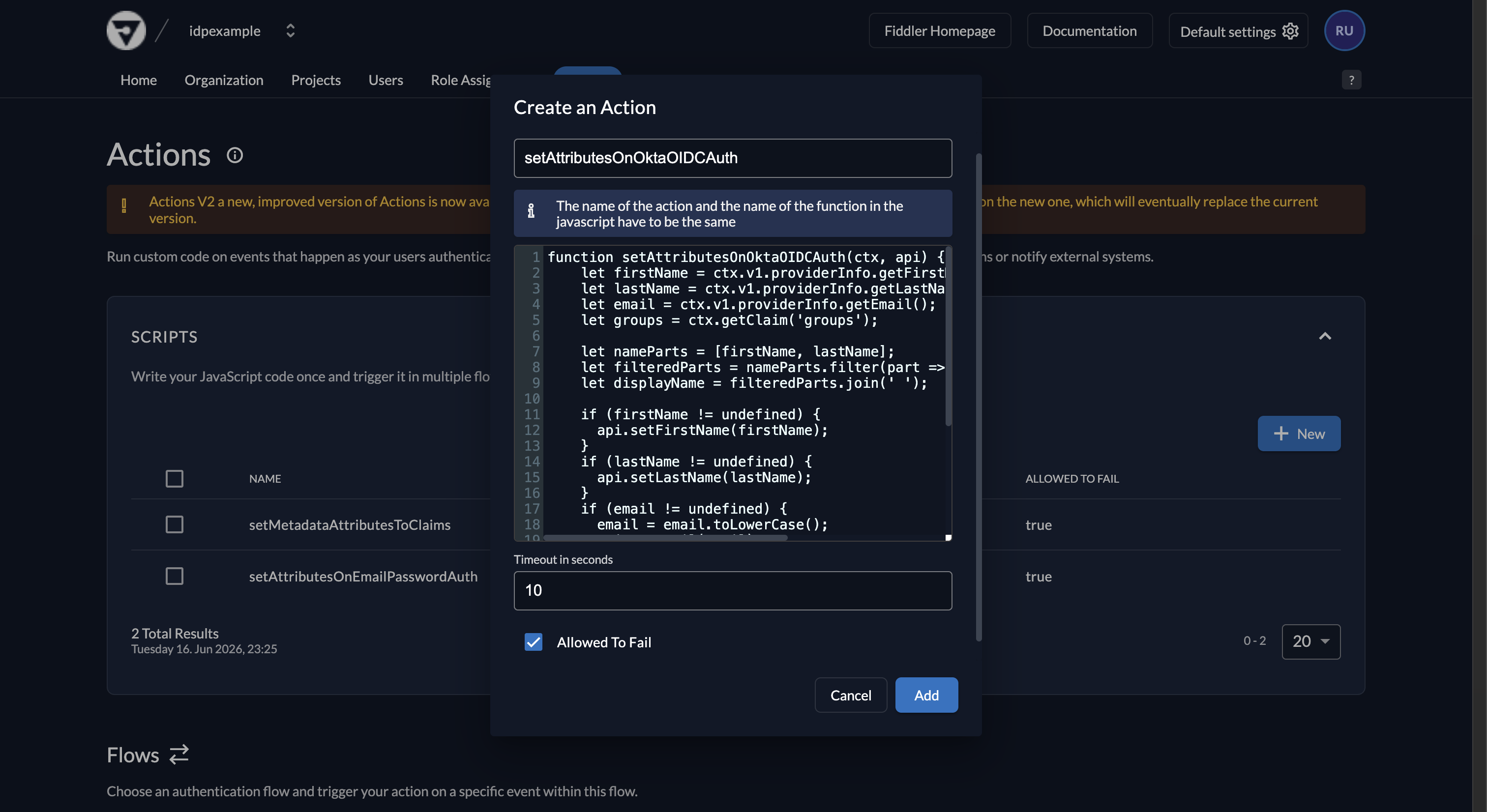 Fiddler AuthN console new custom Action script