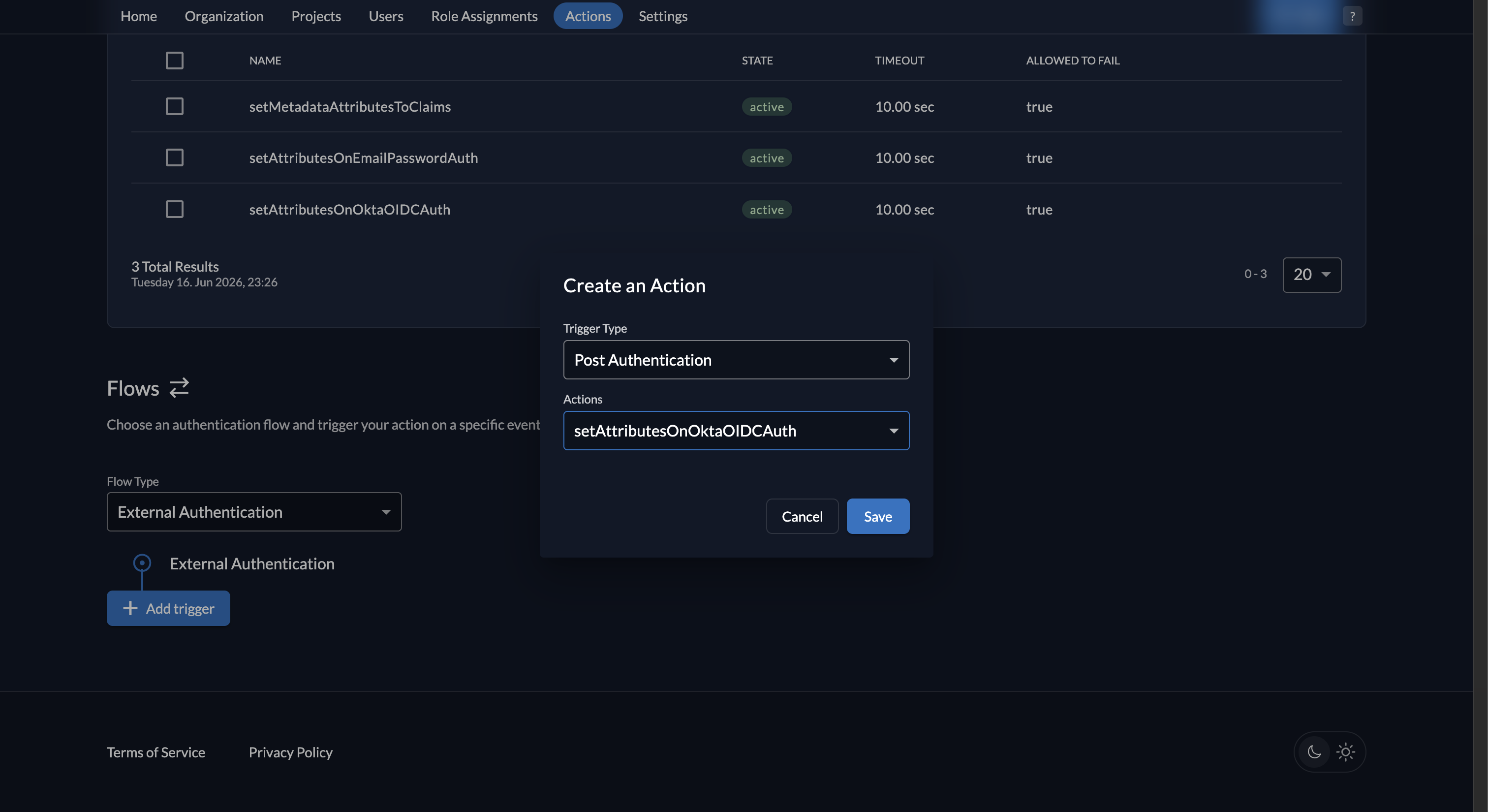Fiddler AuthN console new Action trigger creation