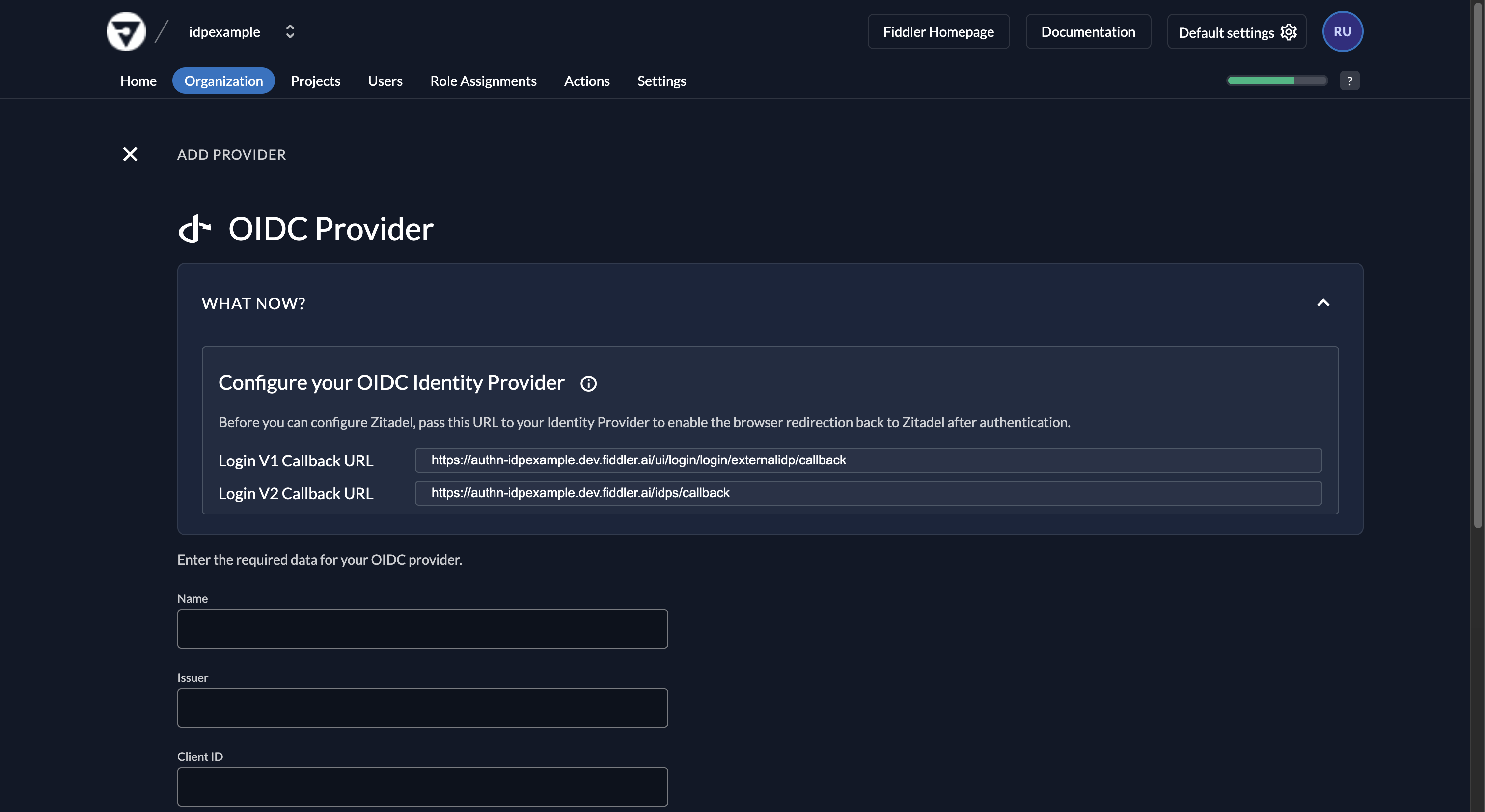 Fiddler AuthN console add new OIDC provider form with callback URL