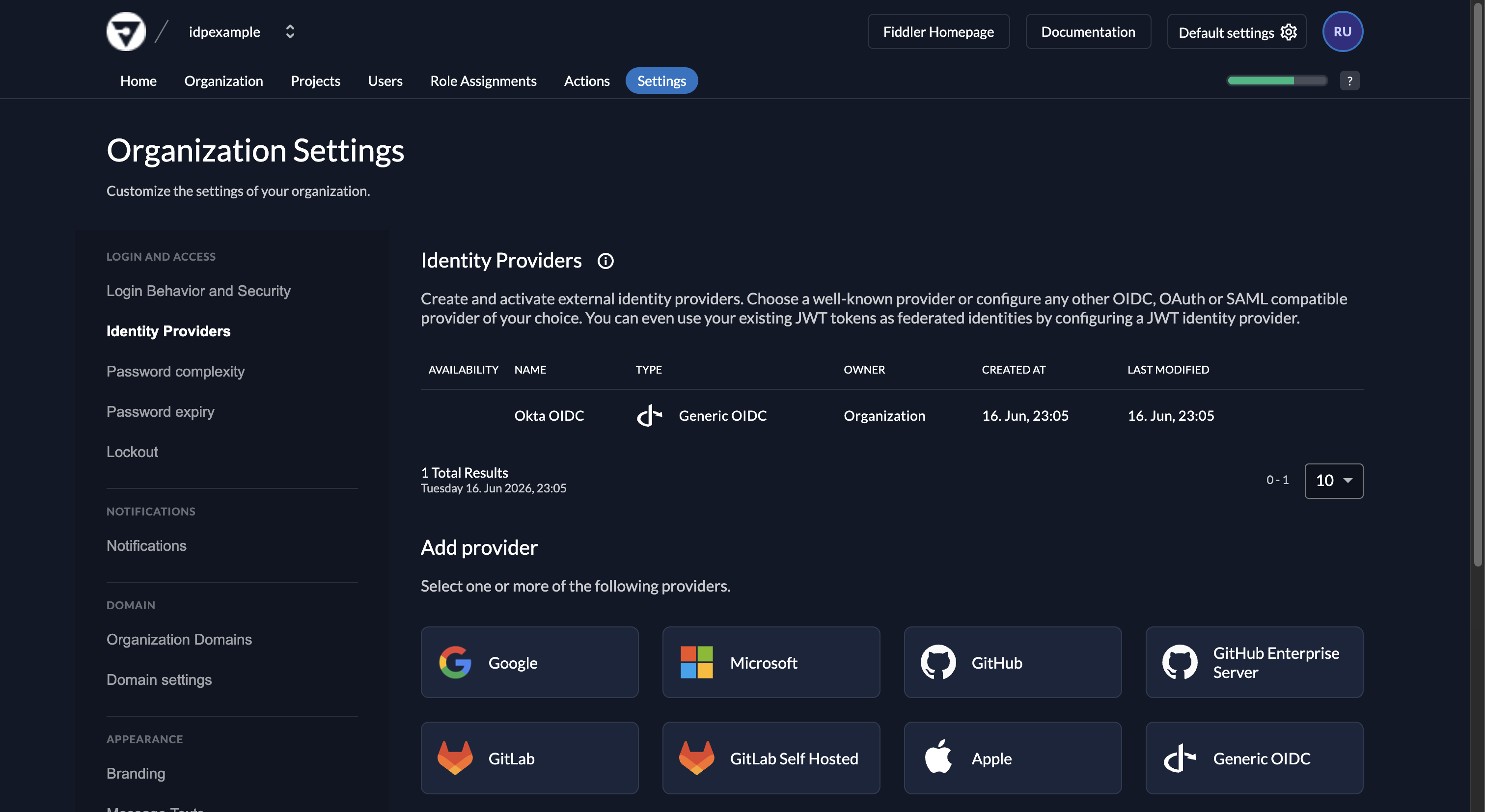 Fiddler AuthN console with newly created Okta OIDC IdP
